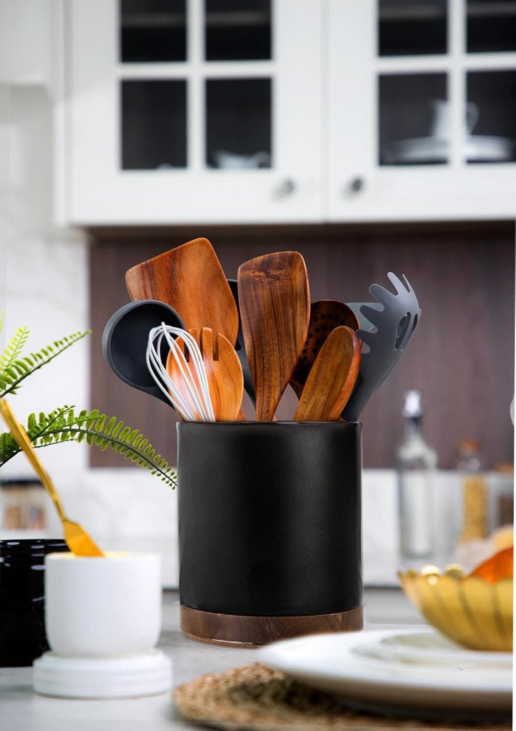 Nucookery 360°Rotating Utensil Holder, 7.2" Kitchen Utensil Crock, Ceramic Cooking Utensil Organizer with Countertop-Protection Cork Bottom for Farmhouse Kitchen Decor Christmas (Stone Black) - Image 8