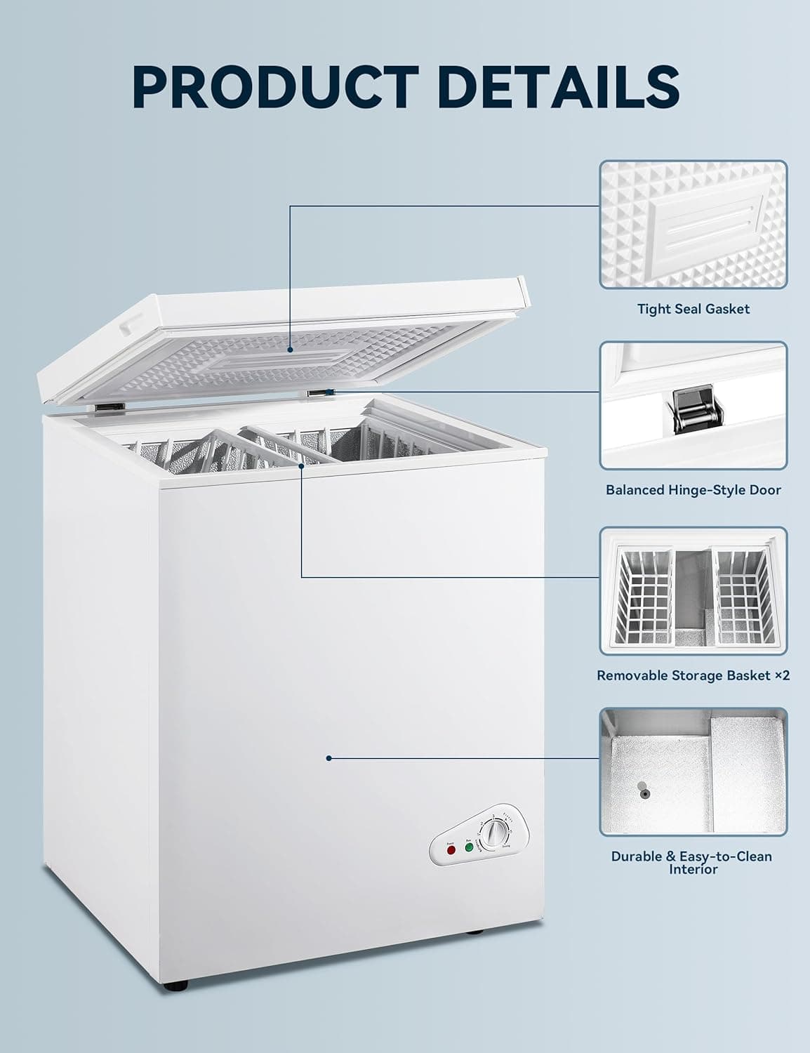 5.0 Cu Ft Chest Freezer - Energy Efficient & Quiet Mini Freezer with Adjustable Thermostat - Compact Deep Freezer for Home, Apartment, and Garage - Removable Basket & Defrost Drain 7.0 WHITE - Image 5