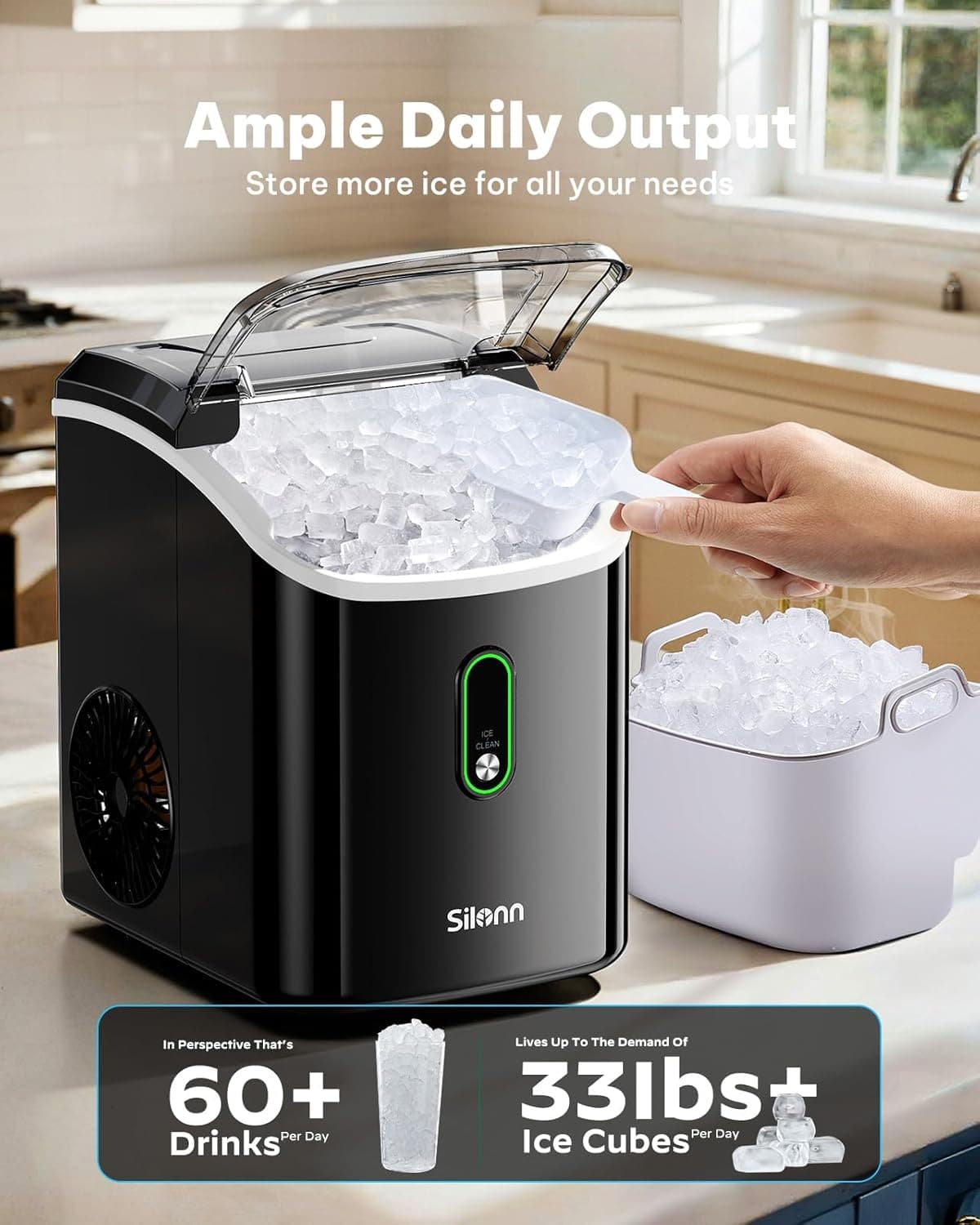 Silonn Nugget Ice Maker Countertop, Pellet Ice Machine with Self-Cleaning Function, Sonic Ice Maker Produces 33lbs of Chewable Ice in 24 Hours, Ideal for Home Kitchen and Office (Black) Black-PRO 33lbs - Image 3
