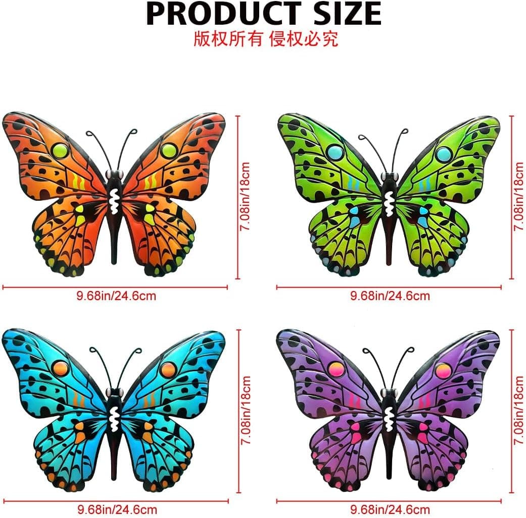 Metal Butterfly Wall Decor - 9.6" Outdoor Fence Wall Art Decor, Hanging Decoration for Garden Yard Living Room Bedroom Patio Balcony(4 Pack) Butterfly-A - Image 5
