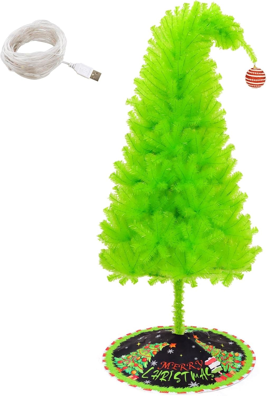 6 FT Grinchie​ Christmas Tree, Top Curved 6ft Upright 7ft Lime Green Xmas Tree with Tree Skirt, Easy Setup Whimsical Artificial Christmas Tree for Christmas Decorations - Image 3