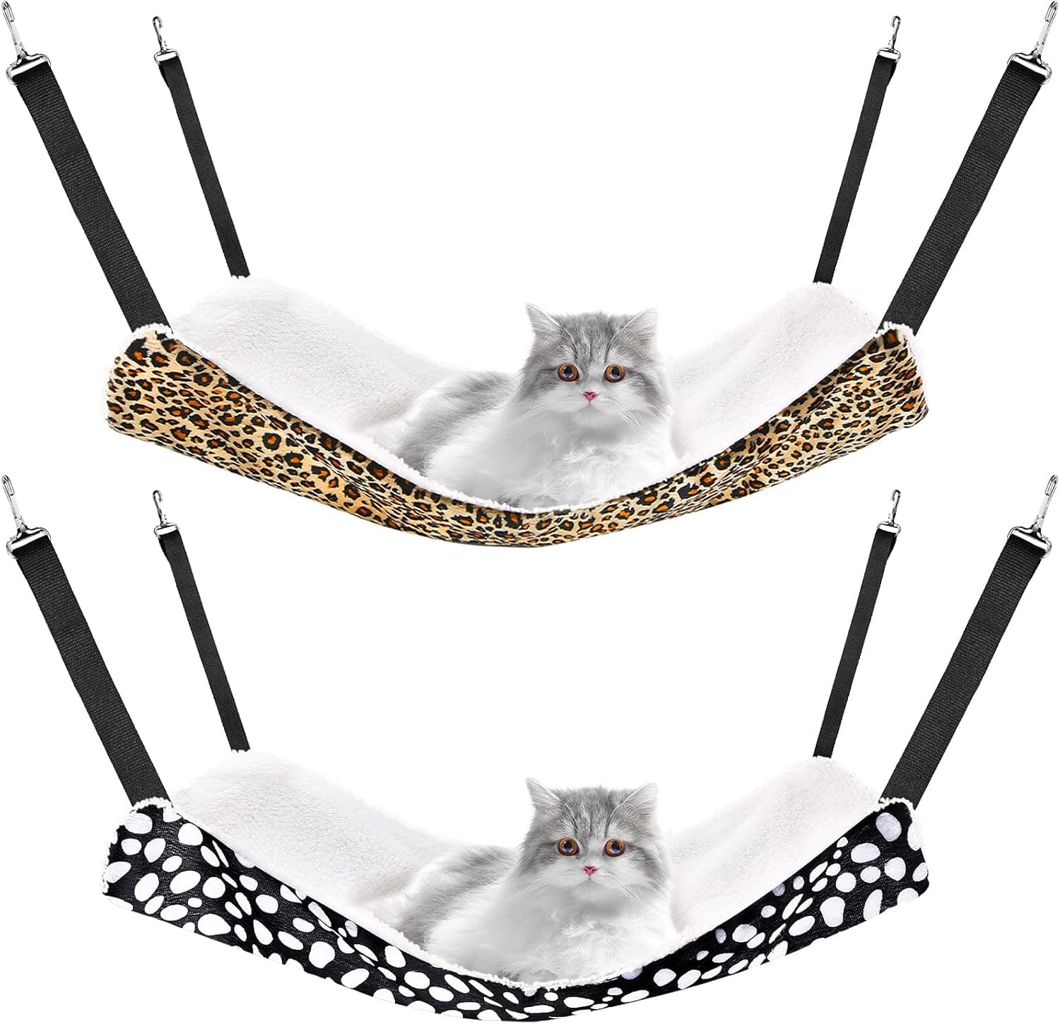 Jetec 2 Pieces Reversible Cat Hanging Hammock Soft Breathable Pet Cage Hammock with Adjustable Straps and Metal Hooks Double Sided Hanging Bed for Small Dogs Rabbits(Leopard and Dot,M) Leopard and Dot M - Image 2