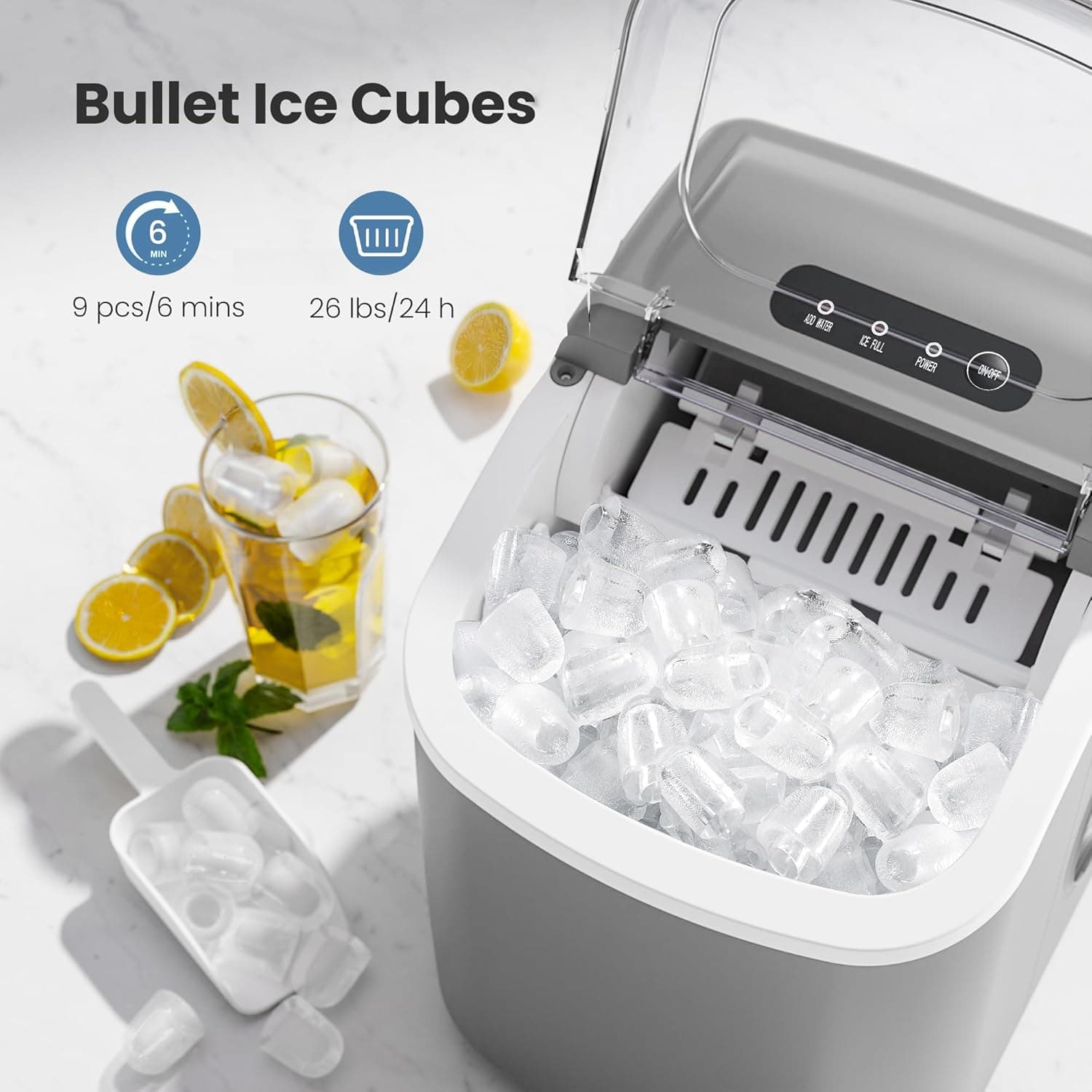 Máquina de Hielo Portátil de Encimera con Asa, 9 Cubos de Hielo en Forma de Bala Listos en 6 Minutos, 26Lbs/24H, Función de Autolimpieza - Image 3