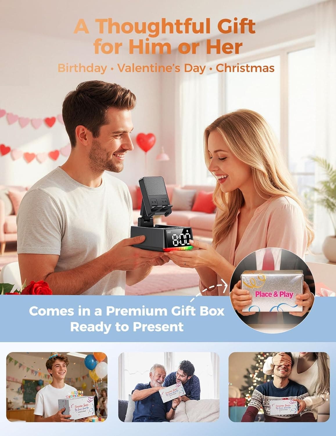 Altavoz Bluetooth Regalo de Cumpleaños para Hombres: Soporte de Teléfono por Inducción Sonido HD Regalos de San Valentín para Él Ella Adulto Adolescente, Soporte Antideslizante para Teléfono Gadget de Cocina Mujeres Mamá Esposa, Papá Esposo Novio (Negro) - Image 2