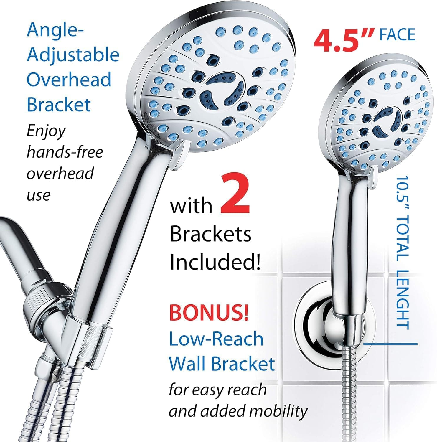 AquaCare High Pressure 8-mode Handheld Shower Head - Anti-clog Nozzles, Built-in Power Wash to Clean Tub, Tile & Pets, Extra Long 6 ft. Stainless Steel Hose, Wall & Overhead Brackets 2.5 Gallon Per Minute Premium Chrome - Image 9