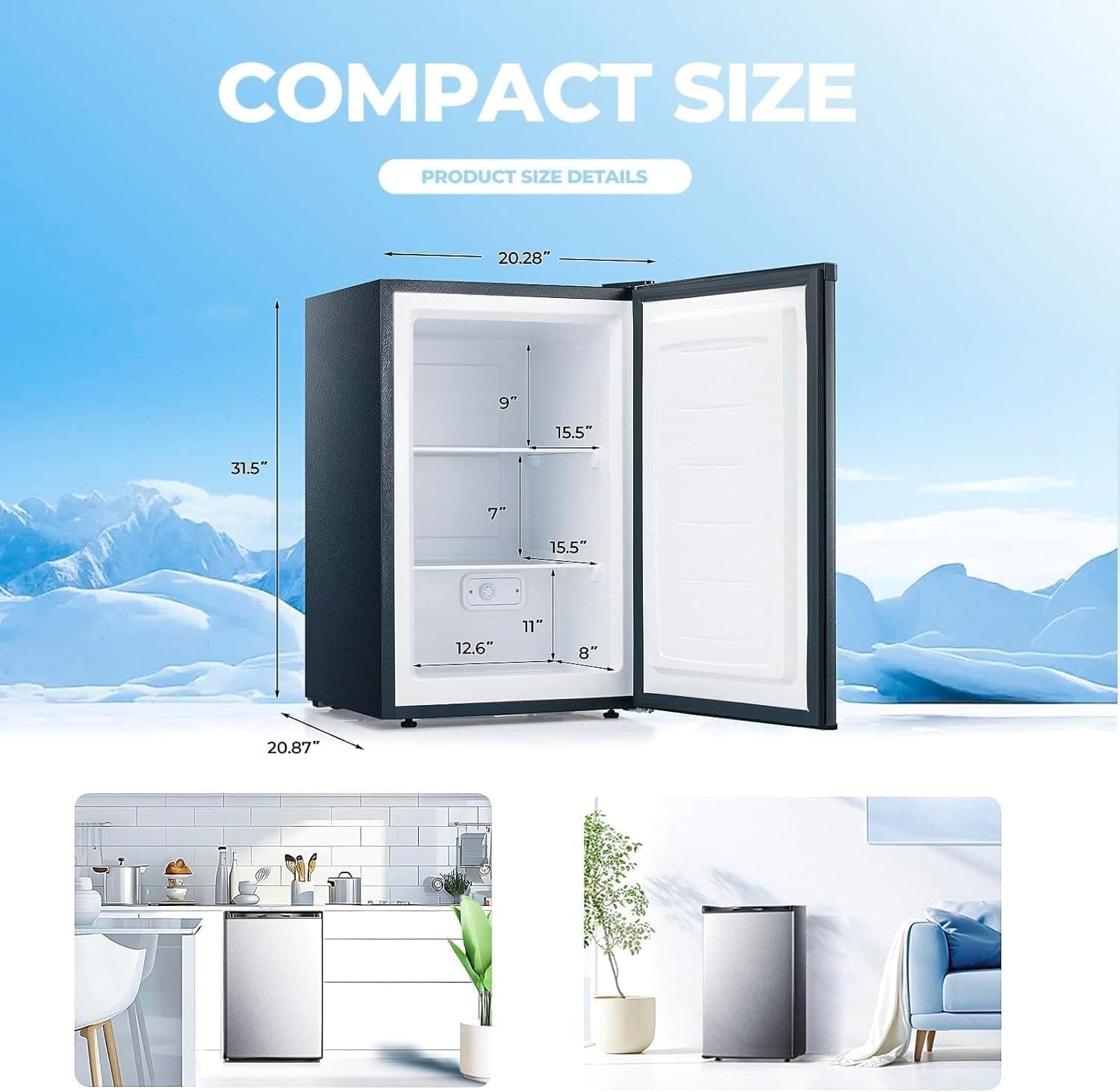 3.2 Cu.ft Small Freezer, Mini Upright Freezer with Adjustable Thermostat, Removable Shelves, Reversible Single Door, for Bedroom/Home/Dorms/Apartment, Silver - Image 2
