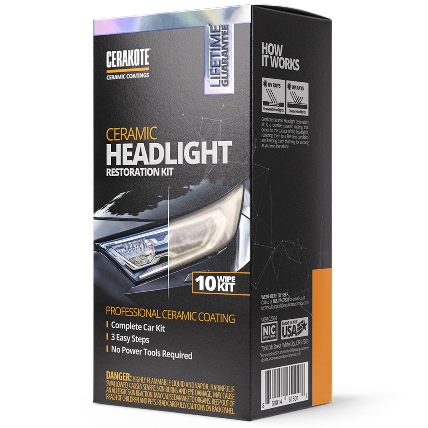 CERAKOTE® Ceramic Headlight Restoration Kit – Guaranteed To Last As Long As You Own Your Vehicle – Brings Headlights Back to Like New Condition - No Power Tools Required - 10 Wipe Kit 1 VEHICLE KIT