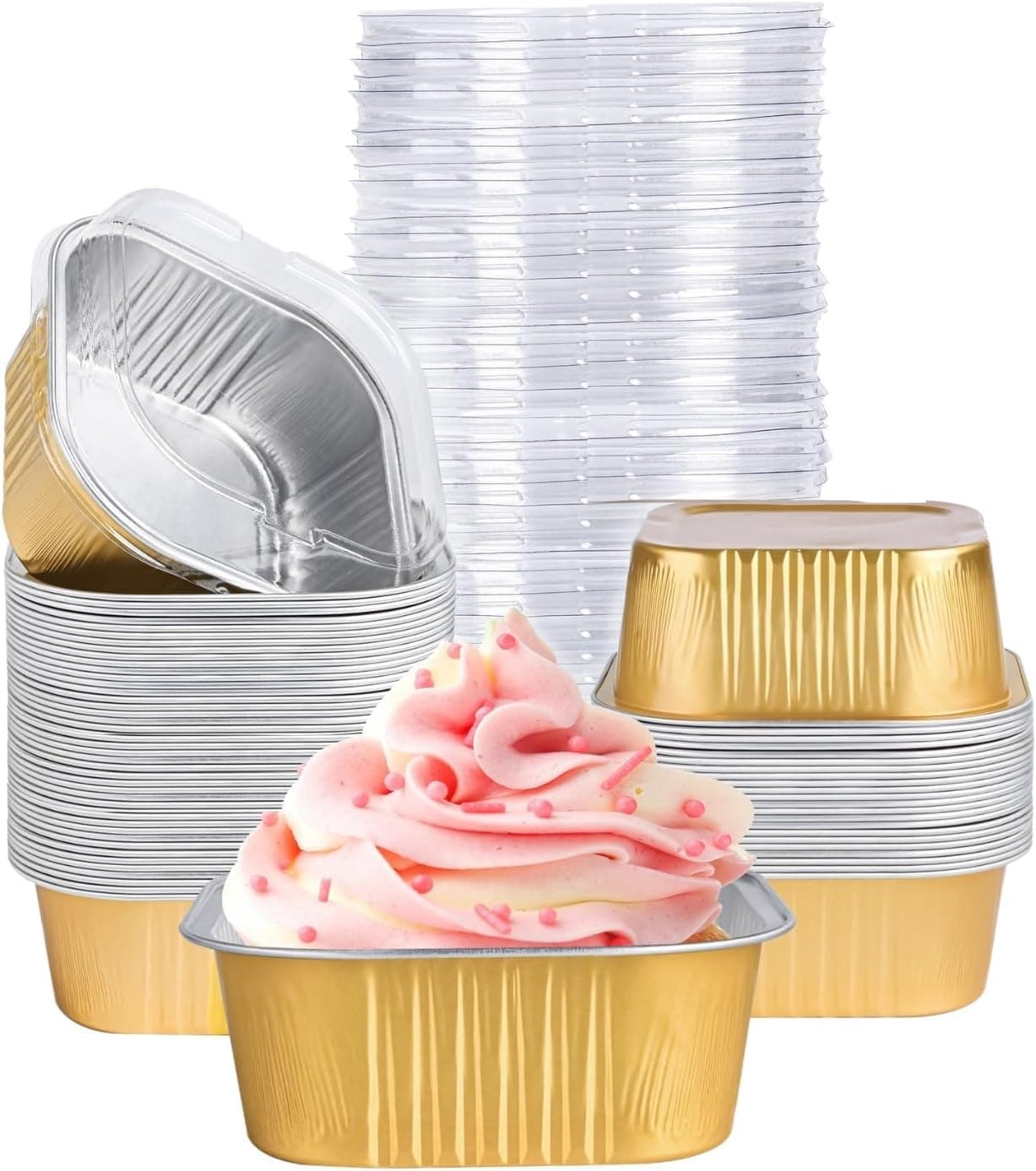 40 Pack Mini Cake Pans with Lids, 5oz Square Aluminum Foil Brownie Baking Cups, Muffin Tin Ramekins, Disposable Dessert Cupcake Cups for Wedding Birthday Party, Gold - Image 2