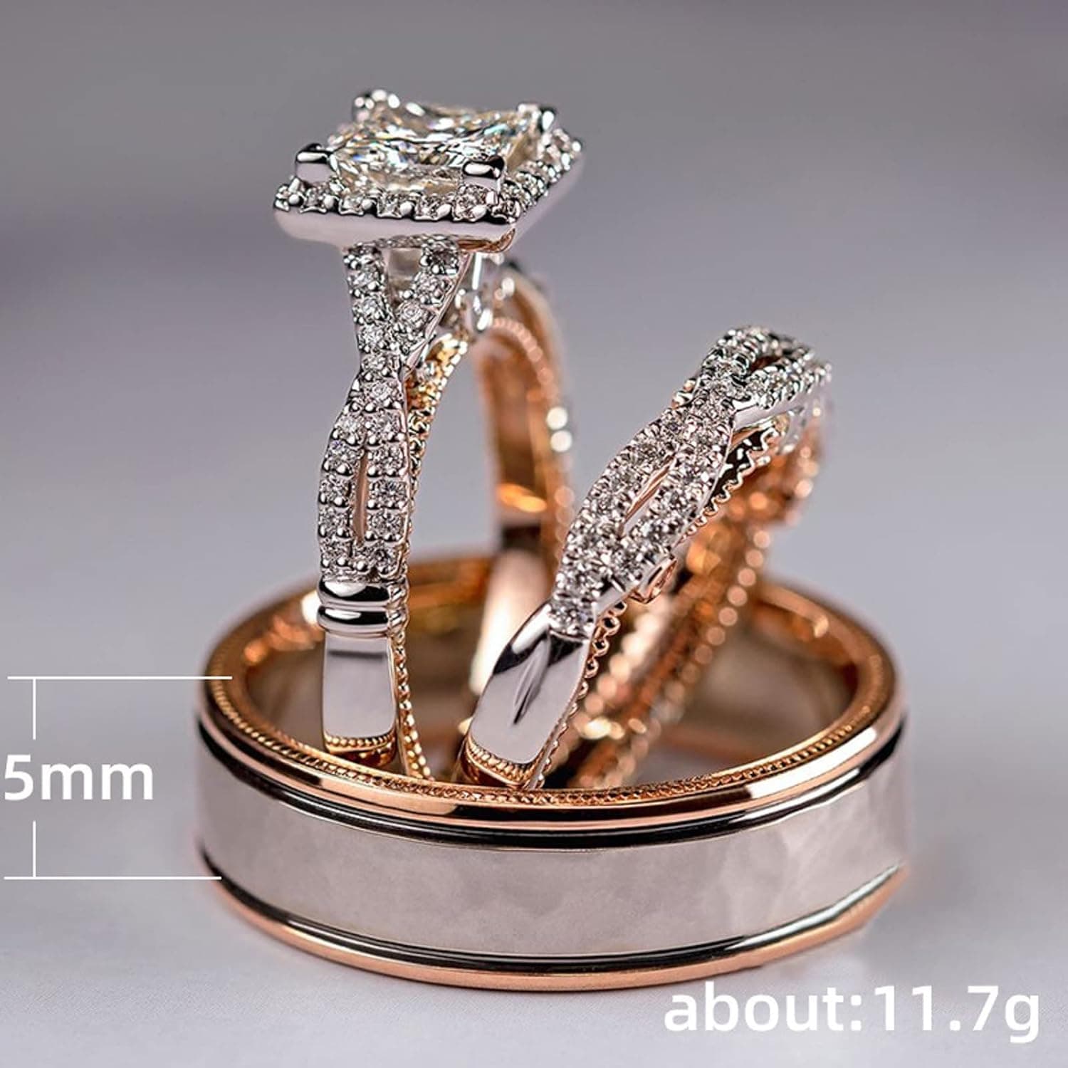 Engagement rings for couples set,3 pc His and Her Wedding Ring Set, Hypoallergenic Rose Gold Ring Set, Cubic Zirconia Bride Promise Rings Set,size 6-10 Size 8 - Image 7
