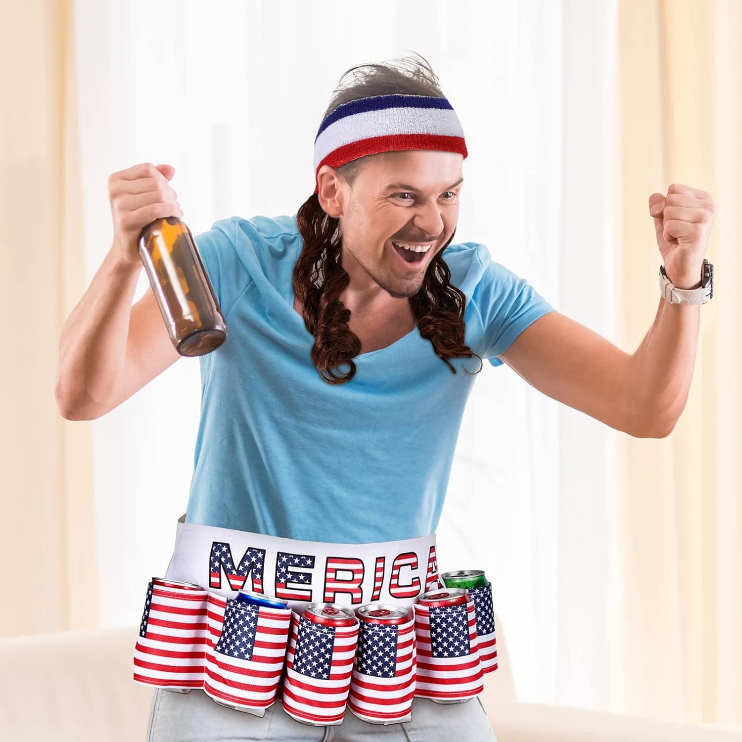 2 Pcs Halloween Costume America Beverage Beer Belt Holder and Mullet Wigs Headband 4th of July Patriotic USA Flag Beer Gift for Men Christmas - Image 6