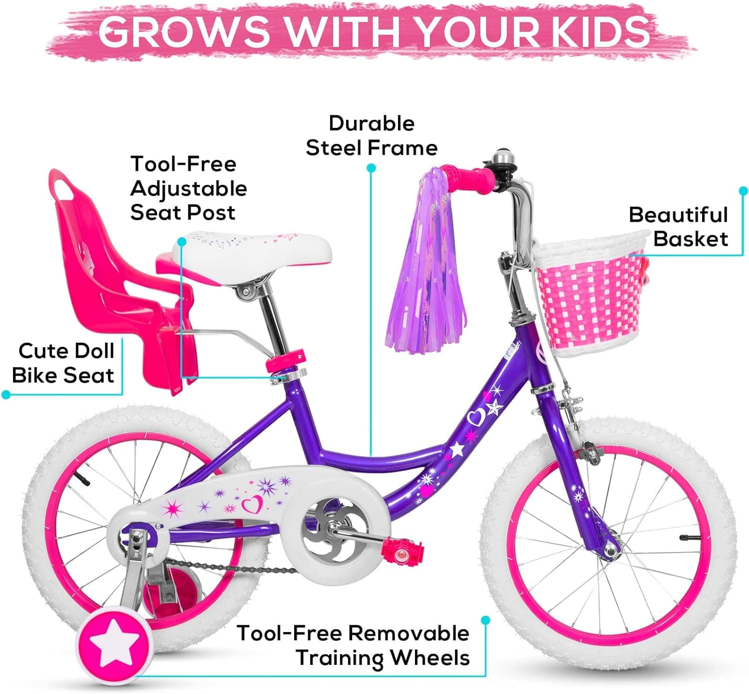 WEIZE Girls Bike for 3-12 Years Old Kids, 14 16 20 Inch Kids Bike with Training Wheels, Streamers, Basket and Doll Seat, Children Bicycles with Coaster Brake, Multiple Colors Purple 14 Inch With Training Wheels - Image 3