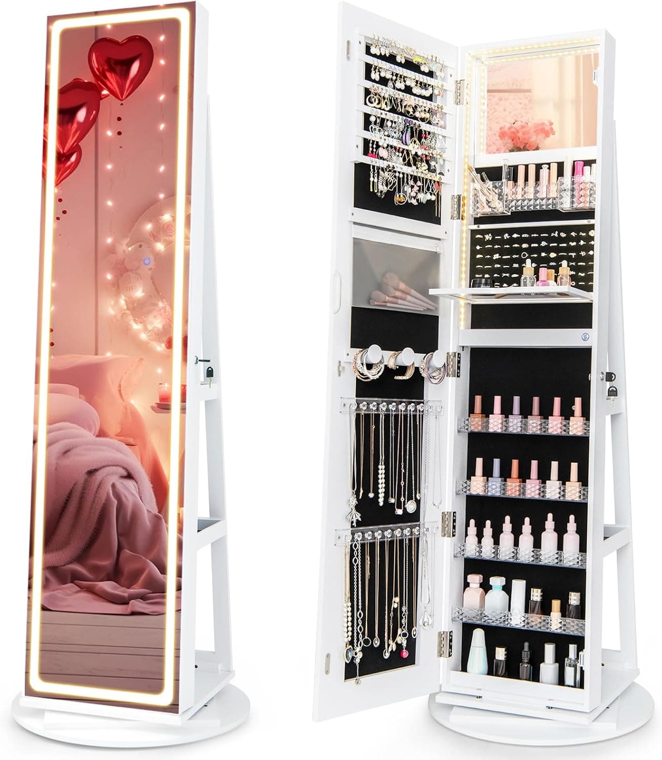 CHARMAID 360° Rotating Jewelry Armoire with LED Lighted Full Length Mirror & Built-in Vanity Mirror, Lockable Standing Jewelry Cabinet with Lights, Large Storage Organizer for Jewelry (White) White 63"H with LED Mirror - Image 2