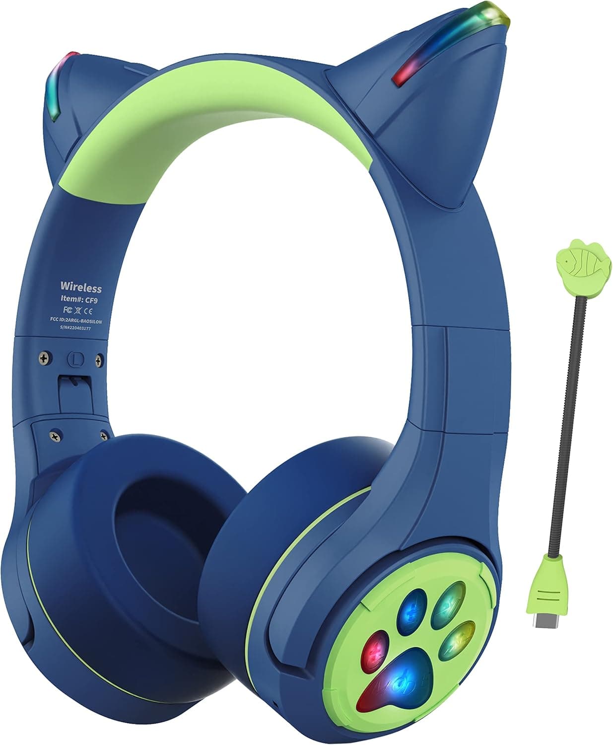 Riwbox CF9 Cat Ear Kids Bluetooth Headphones with LED Light Up,Safe 85dB Volume Limit,Built-in Mic&Boom Mic for Calls,Kids Wireless&Wired Headphones for Tablet/Airplane/School/Online Learning(Blue) - Image 2