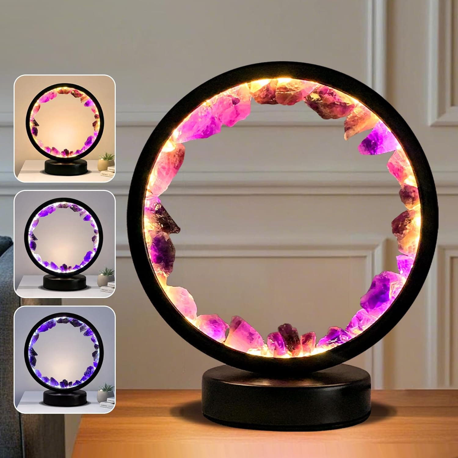 Amethyst Crystal Table Lamp, Natural Healing Crystals Bedside Lamp, 3 Colors Dimming Mode USB Port Night Light Energy Purple Crystal Lamp for Living Room Bedroom Home Decor Birthday Gift for Women - Image 2