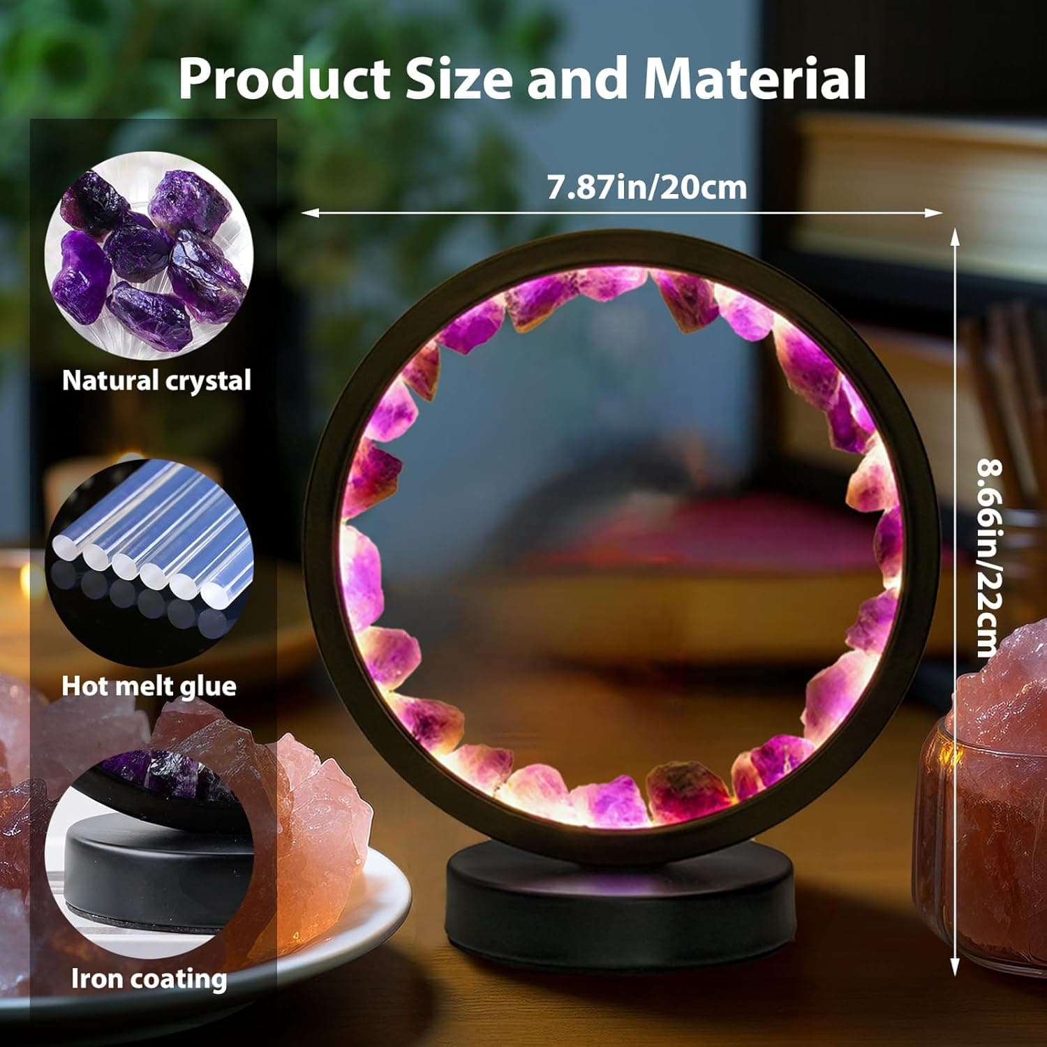 Runyangshi Amethyst Night Lamp 8.6" Natural Healing Crystal Bedside Lamp USB Port 3 Colours Dimming Mode Bedroom Lamp Suitable Night Light for Living Room Bedroom Office Home Decor Ideal Gift Amethyst Round - Image 3