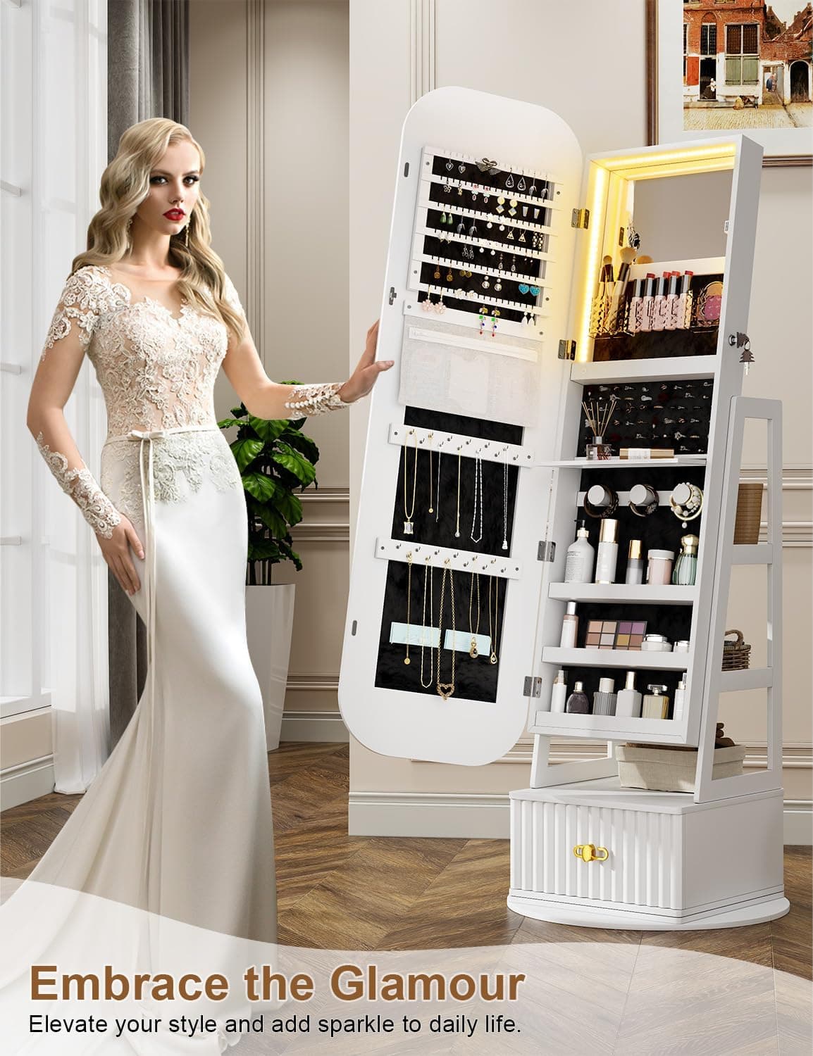 360° Swivel Jewelry Cabinet with Lights - RGB Vanity Mirror | Rotatable Full Length Mirror with Jewelry Storage, Standing Jewelry Armoire Organizer, Foldable Makeup Shelf, White (White 052) - Image 4