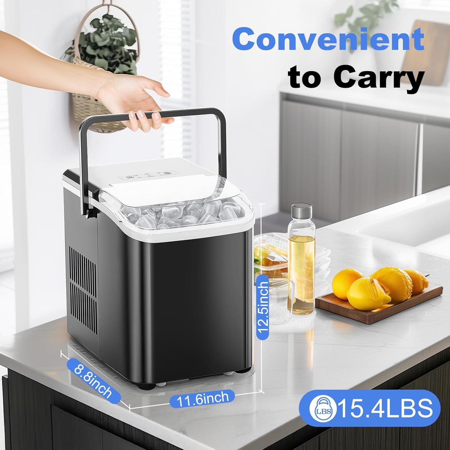 NEWBULIG Ice Makers Countertop with Handle, Portable Ice Machine, 9 Bullet Cubes in 6 Mins, 26lbs in 24Hrs, Auto-Cleaning, with Basket and Scoop, for Home, Kitchen, RV, Camping, Black Black Handle 12.5"*11.6"*8.8" - Image 8