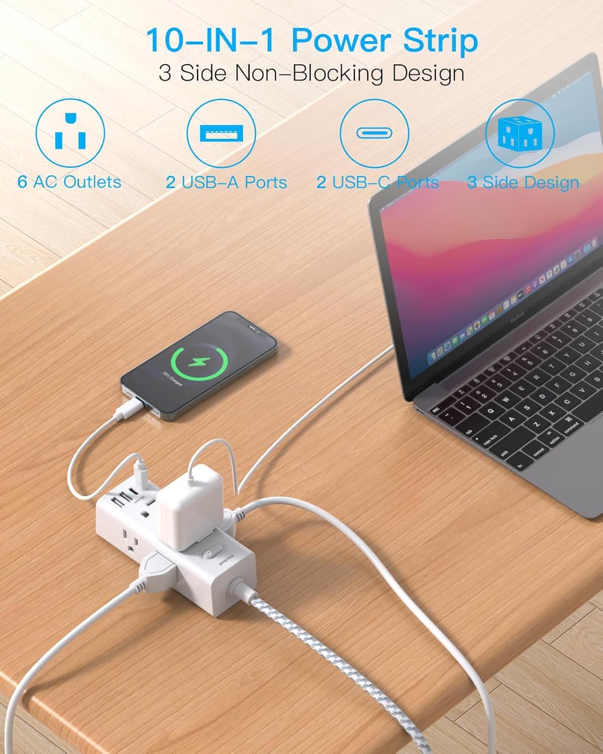 Power Strip Surge Protector - One Beat 6 Widely Outlets with 4 USB Ports (2 USB C), 5 Ft Extension Cord Flat Plug, Wall Mount Outlet Extender Small Power Strip for Travel Home Office College Dorm Room 5FT Right Angle Plug - Image 3