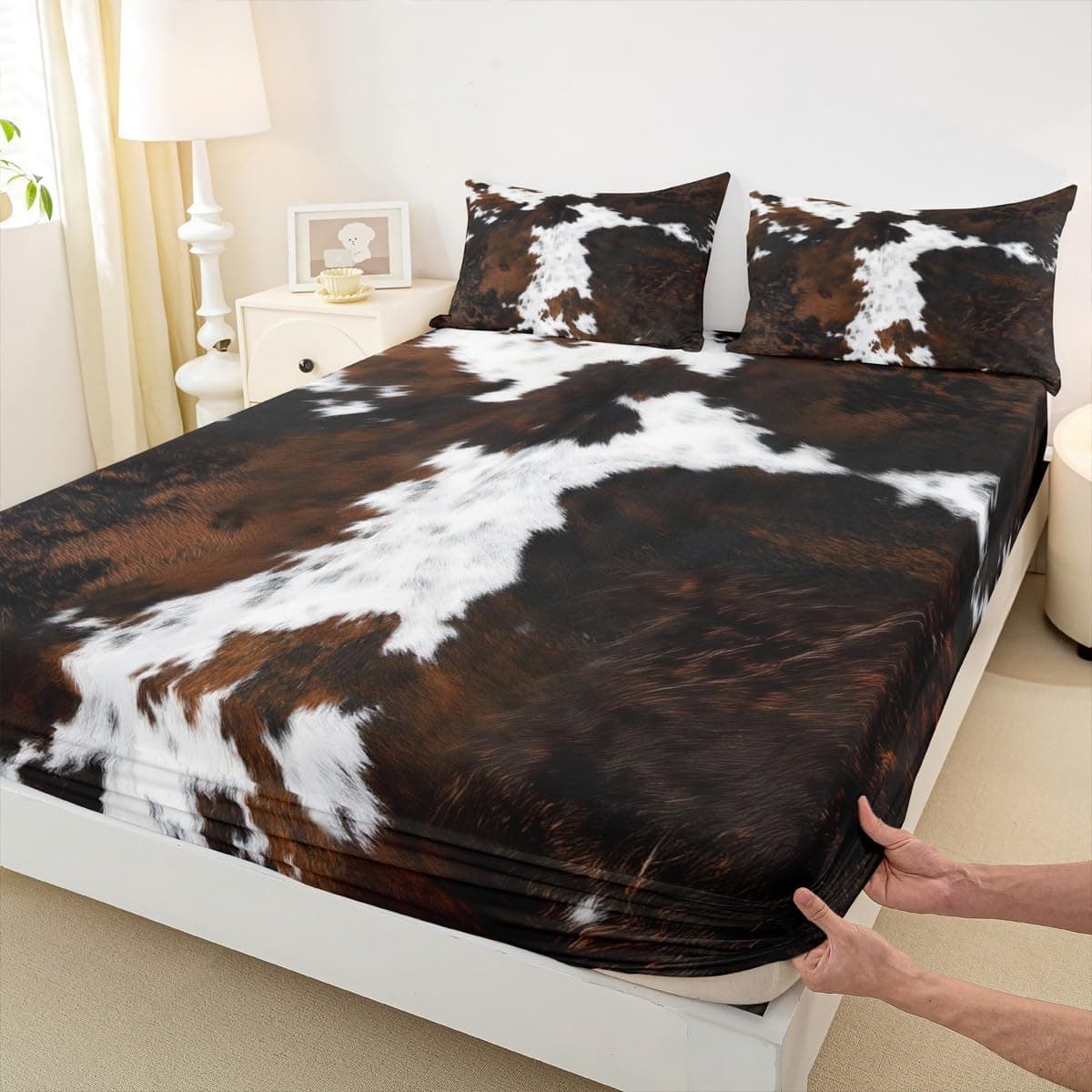 Cowhide Print Fitted Sheet Full Size 3 Pcs, Cow Fur Pattern Theme Bedding Deep Pocket for Home Bedroom Decor, Maroon (1 Fitted Sheet+2 Pillowcases) No Flat Sheet Cowhide Print 01 FULL (W54*L75*H16") - Image 3