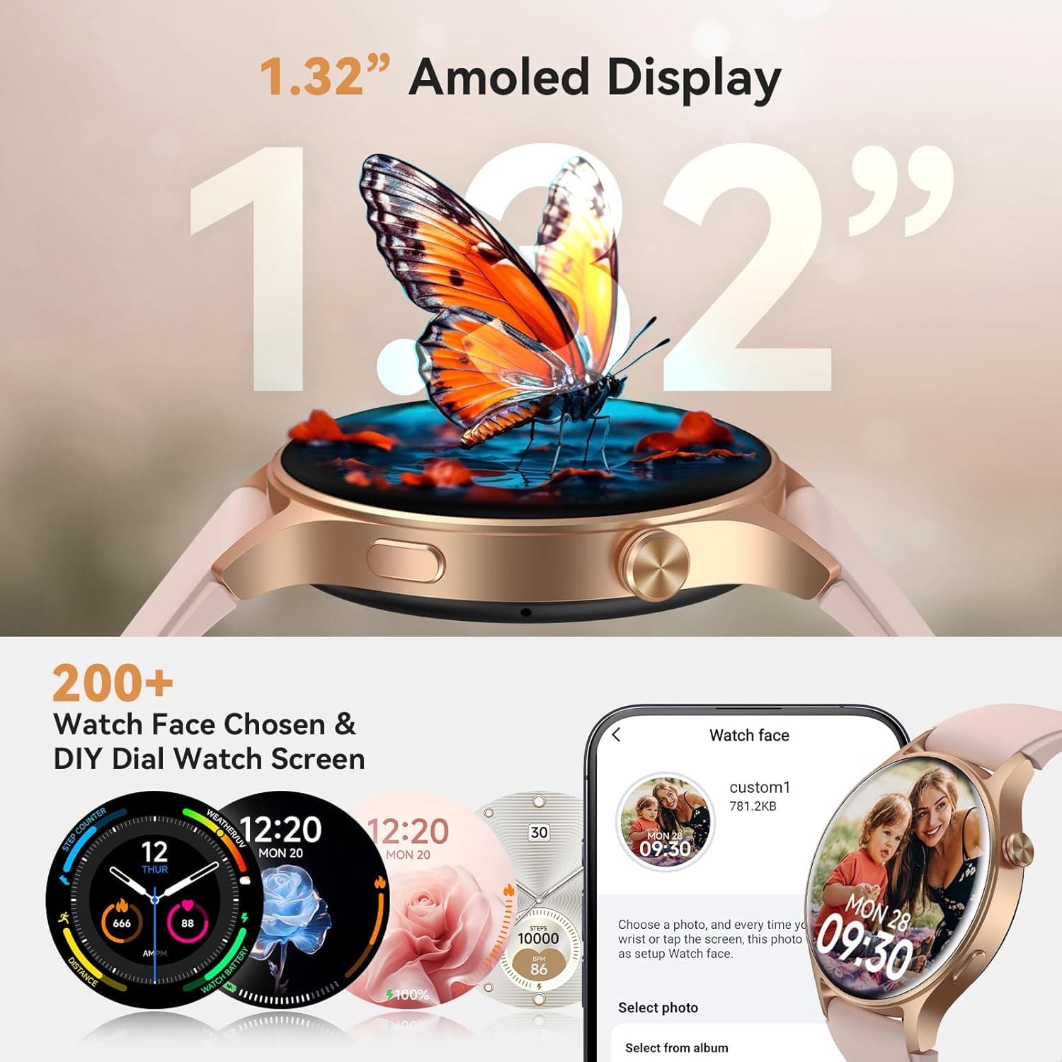 Smart Watch for Women, Answer/Make Call, 1.32'' AMOLED Ultra-Clear Screen Fitness Trackers with Heart Rate/Sleep/SpO2 Monitor, Smartwatch for iPhone/Samsung/Android, 110+ Sport Modes, 3ATM Waterproof Rose Gold Rose Gold S/M/L - Image 5