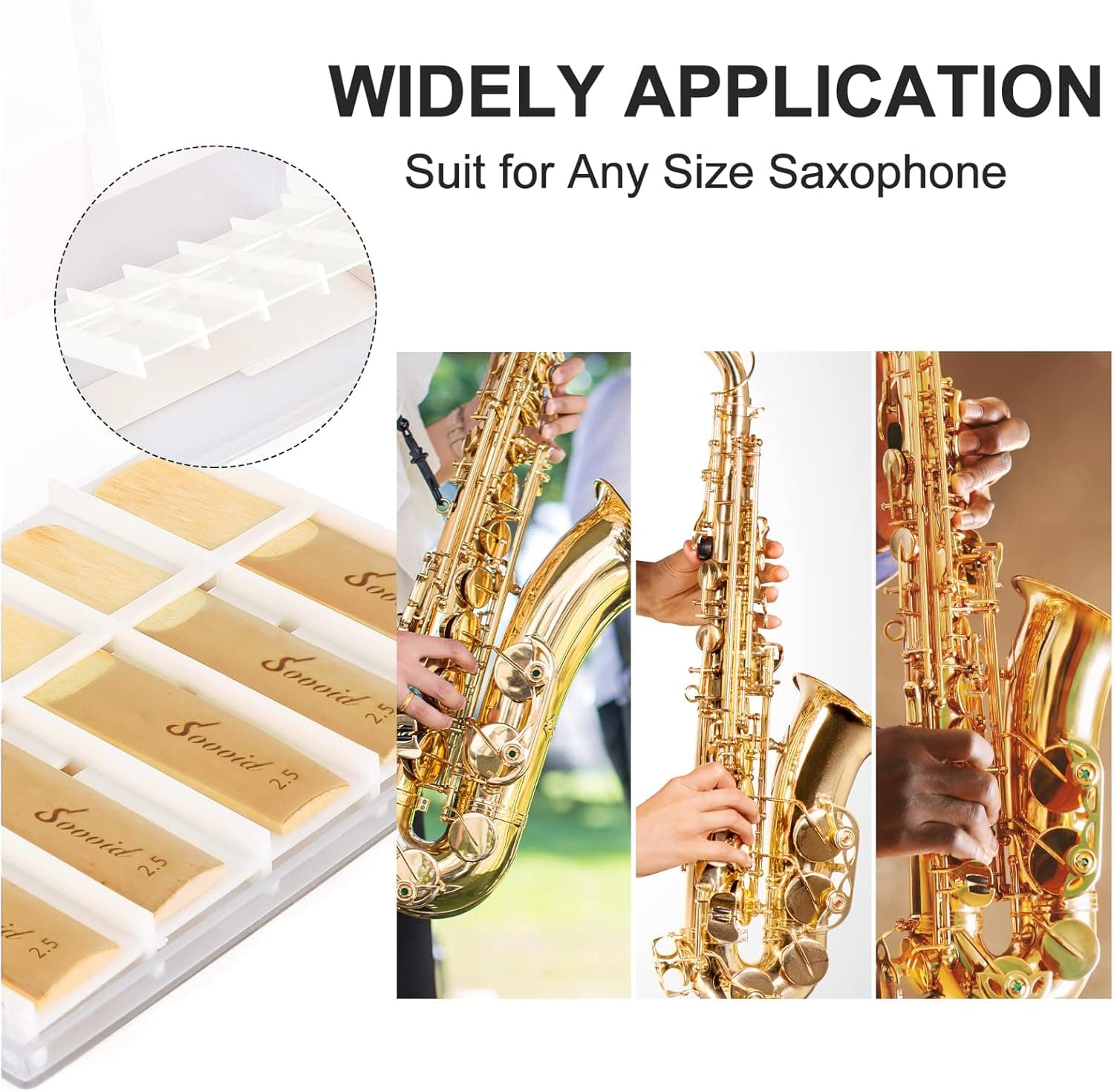 10 Pack Professional Alto Saxophone Reeds with Plastic Box, Strength 2.5 Alto Sax Reeds, Laser Engraved Marking & Thinner Reed Tip for Easy of Play, Traditional Reeds for Saxophone Alto Strength 2.5 Light Brown - Image 7