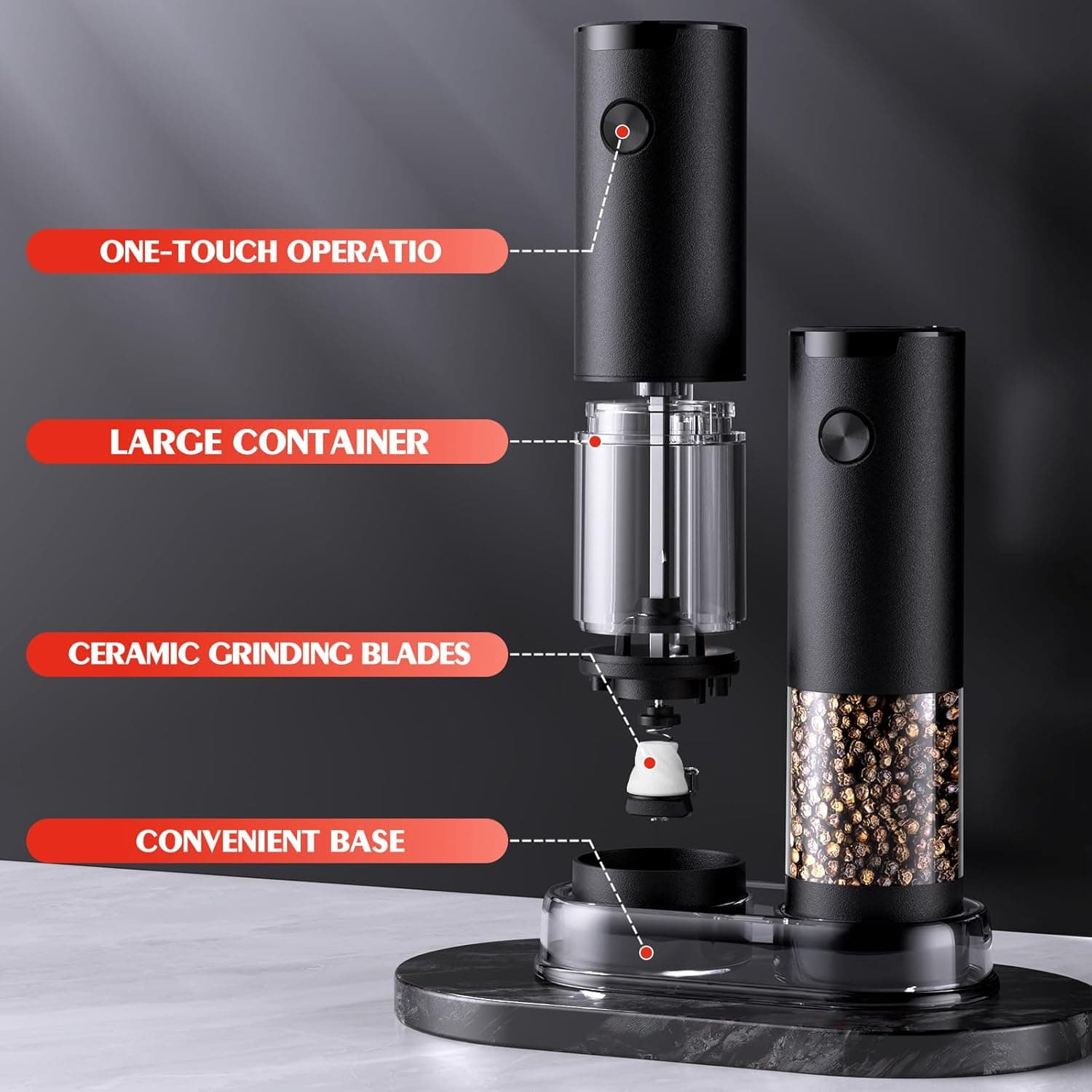 Electric Salt and Pepper Grinder Set Automatic Battery Pepper Mill Shakers Adjustable Coarseness Upgraded Larger Capacity with Led Home and Kitchen Appliances for New House Warming Gifts Black/Black - Image 8