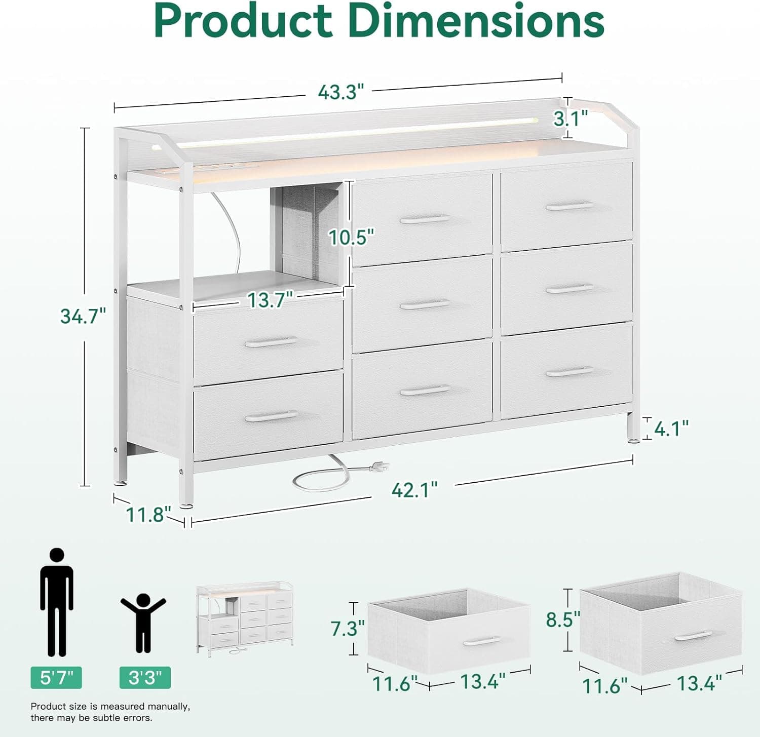 KKL White Dresser for Bedroom with Light Strip & Power Outlet — 8 Drawers Dressers & Chest of Drawers with Shelf, Wood Top, Metal Frame, Wide Dressers for Girls Bedroom, Living Room, Hallway, Closet - Image 3