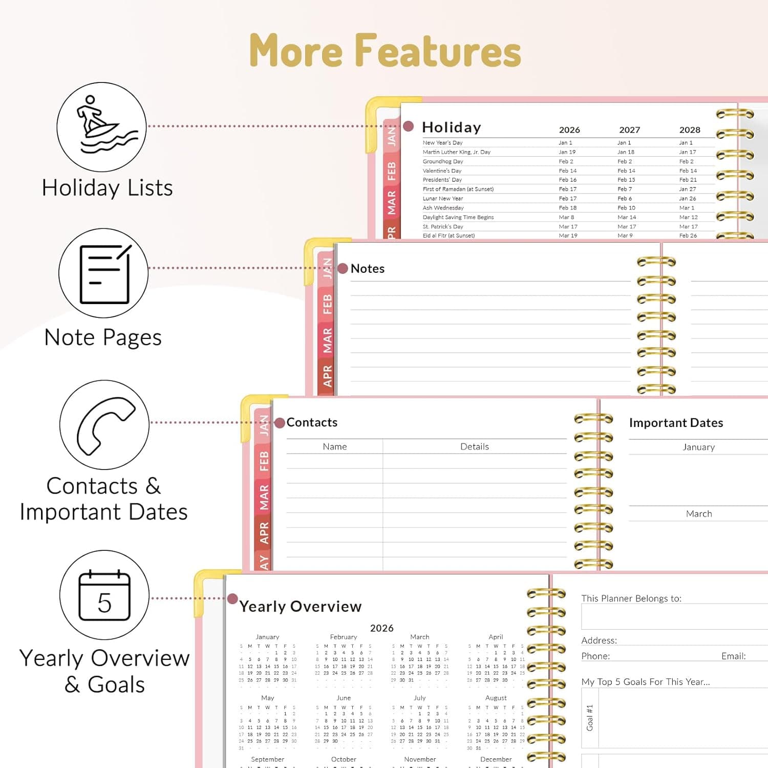 Planificador Forvencer 2026, Planificador de Calendario de Tapa Dura Semanal y Mensual, Ene 2026 - Dic 2026, 8.5" x 11", Organizador Diario Espiral para el Hogar y la Escuela, Rosa 8.5" x 11" - Image 4