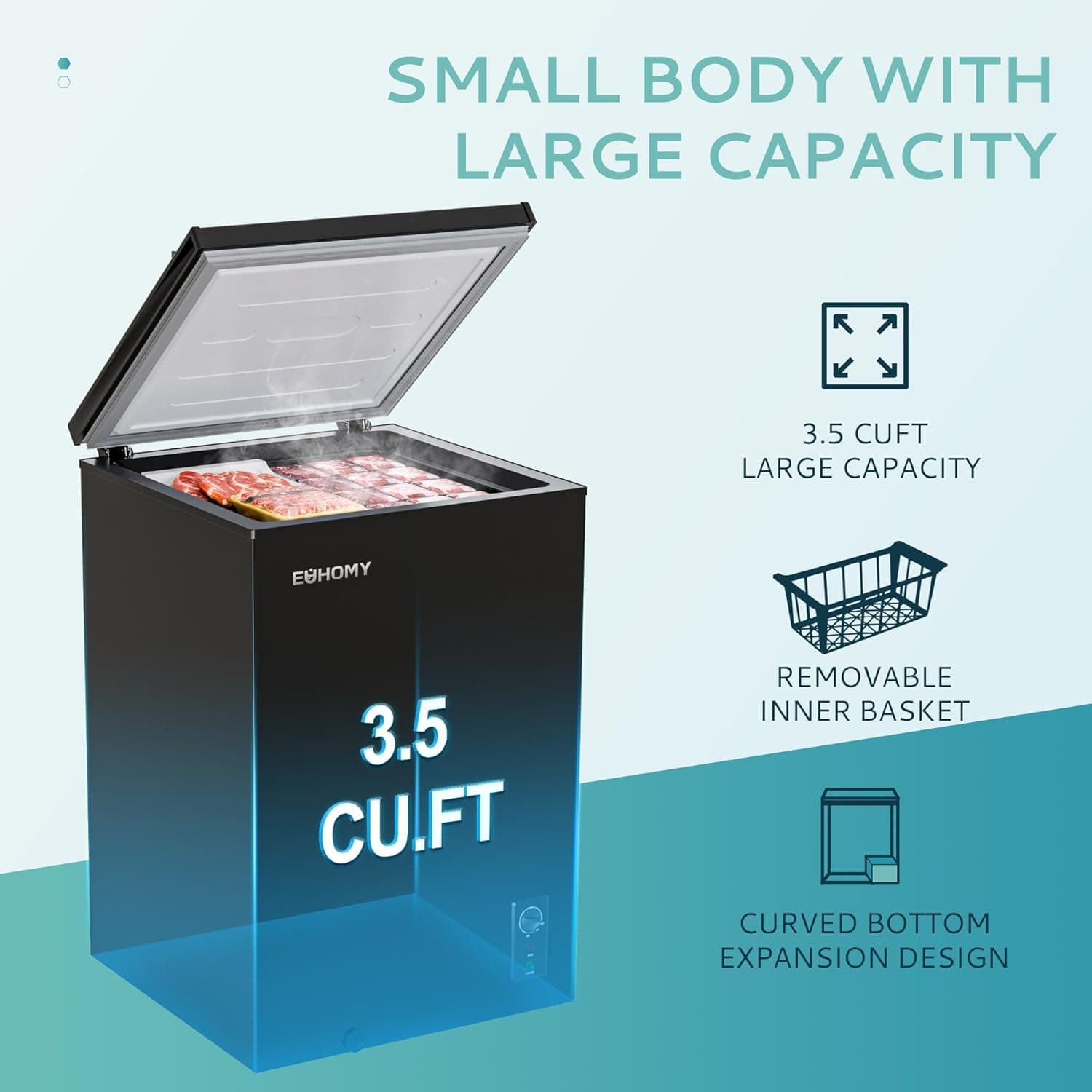 EUHOMY 3.5 Cu.Ft Chest Freezer with Wheels, Small Deep Freezer Adjustable 7 Thermostat, Quiet Mini Freezer Free-Standing Top Door, Energy Saving for Apartment/Garage/Basement/Dorm/Home, New Black 3.5 CU.FT (With Wheels) - Image 2