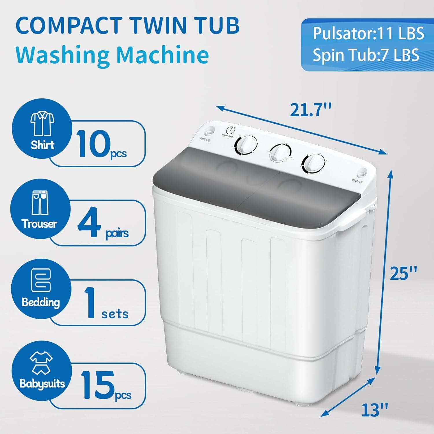 Portable Twin Tub 18lbs Washing Machine with Drying Rack and 10 Hangers, 11lbs Washer Mini Compact Laundry Machine with 7lbs Spinner, Semi-automatic Washer Combo for Dorms, Apartment 18lbs Black - Image 7