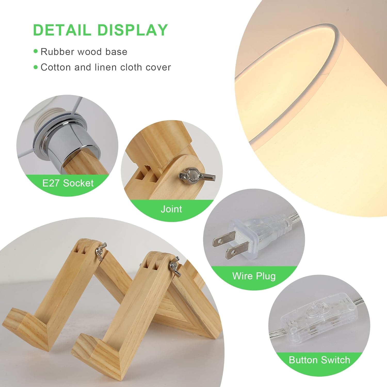 SUNLLOK Bedside Cute Table Lamp with Wood Changeable Base, Vintage White Farbic Lampshade Nightstand Lamp, Industrial Small Reading Desk Light Decor for Living Room, Kids Room, Ktichen Island - Image 5