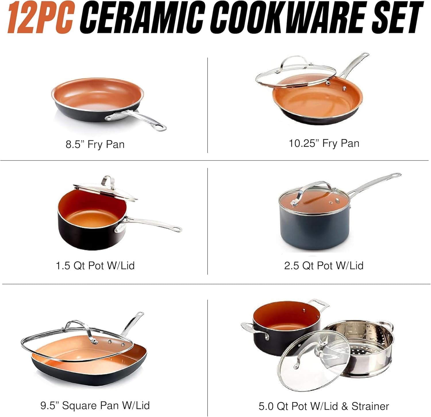 Gotham Steel 12 Pc Ceramic Cookware Set Nonstick, Ceramic Pots and Pans Set Non Stick with Steamer for Cooking, Non Toxic PFOA PFOS Free, Ergonomic Stay Cool Handles, Oven & Dishwasher Safe, Copper 12 Piece Set - Image 3