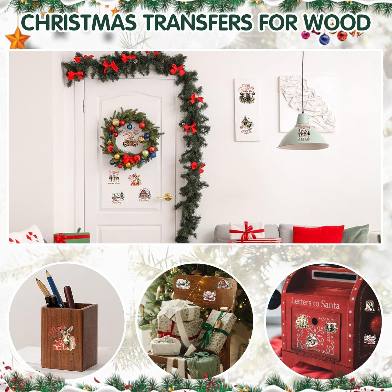 24 Sheets Vintage Christmas Rub On Transfers for Crafts, Rub On Transfers Christmas for Wood，Furniture Decals, Glass, Porcelain, Leather, Canvas, Fabric Projects,3 * 3inch(Farm Christmas) Cottage farm Christmas - Image 6