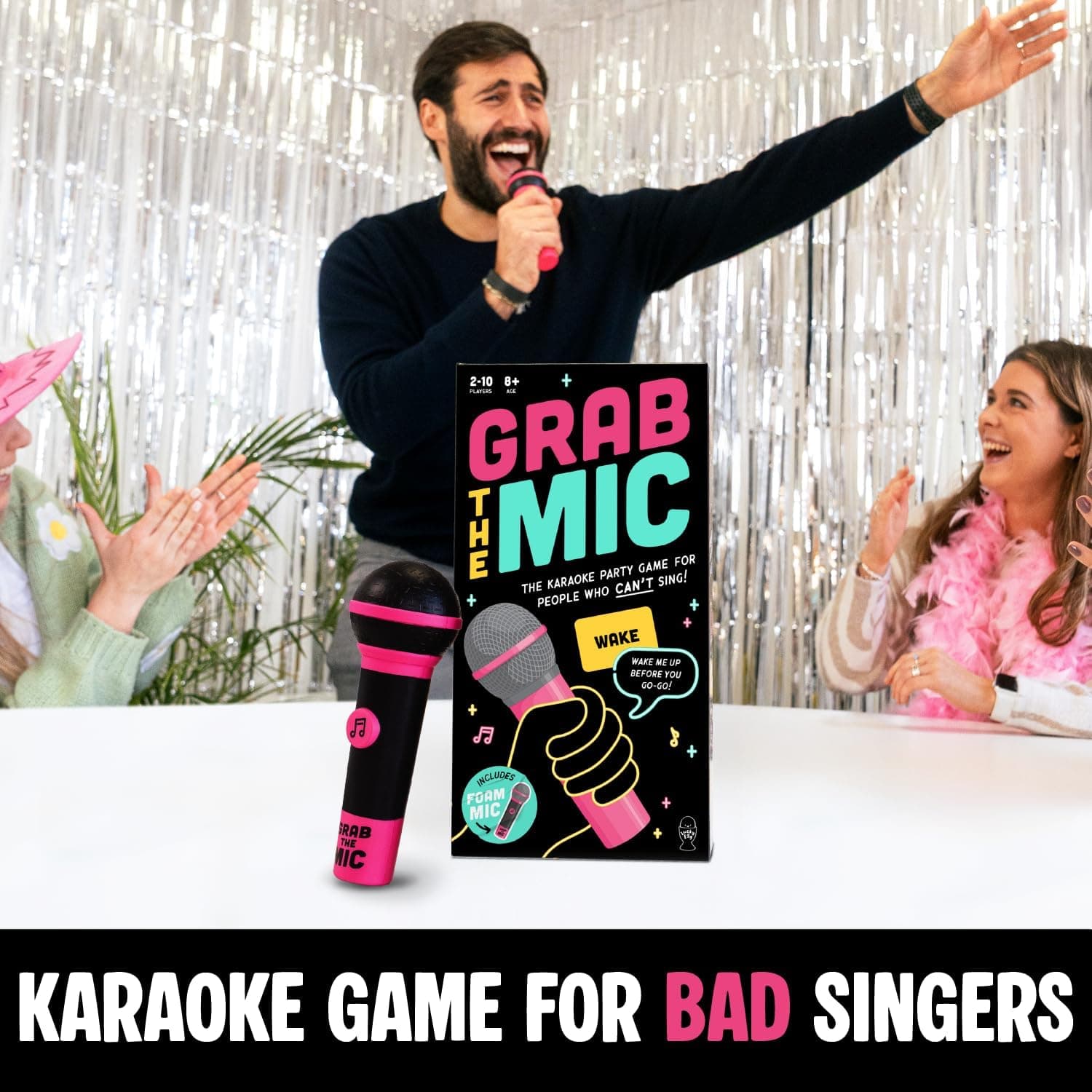 Lucky Egg Official Grab The Mic – Family Karaoke Board Game w/Foam Mic, 8+ Ages, 2-10 Players - Games for Bad Singers w/ 240 Lyrics (120 Cards) (First Edition) - Image 2