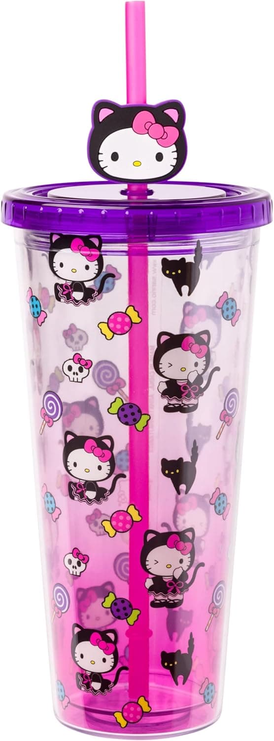 Silver Buffalo Sanrio Hello Kitty Halloween Costume Black Cat and Candy Plastic Cold Cup with Lid and Straw Topper, 24 Ounces Hello Kitty Black Cat Halloween 24 Ounces - Image 2