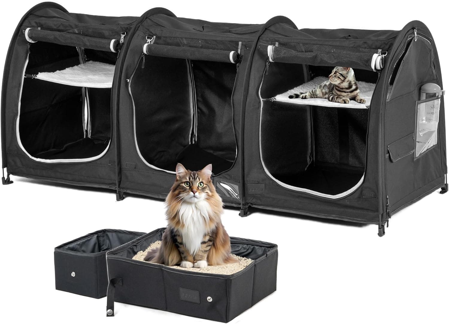 Portable Three Compartment Show House Cat Cage Condo - Easy to Fold & Carry Kennel - Comfy Puppy Home & Dog Travel Crate with Portable Carry Bag,2 Hammocks,3 Mats and Collapsible Litter Boxs Black - Image 2