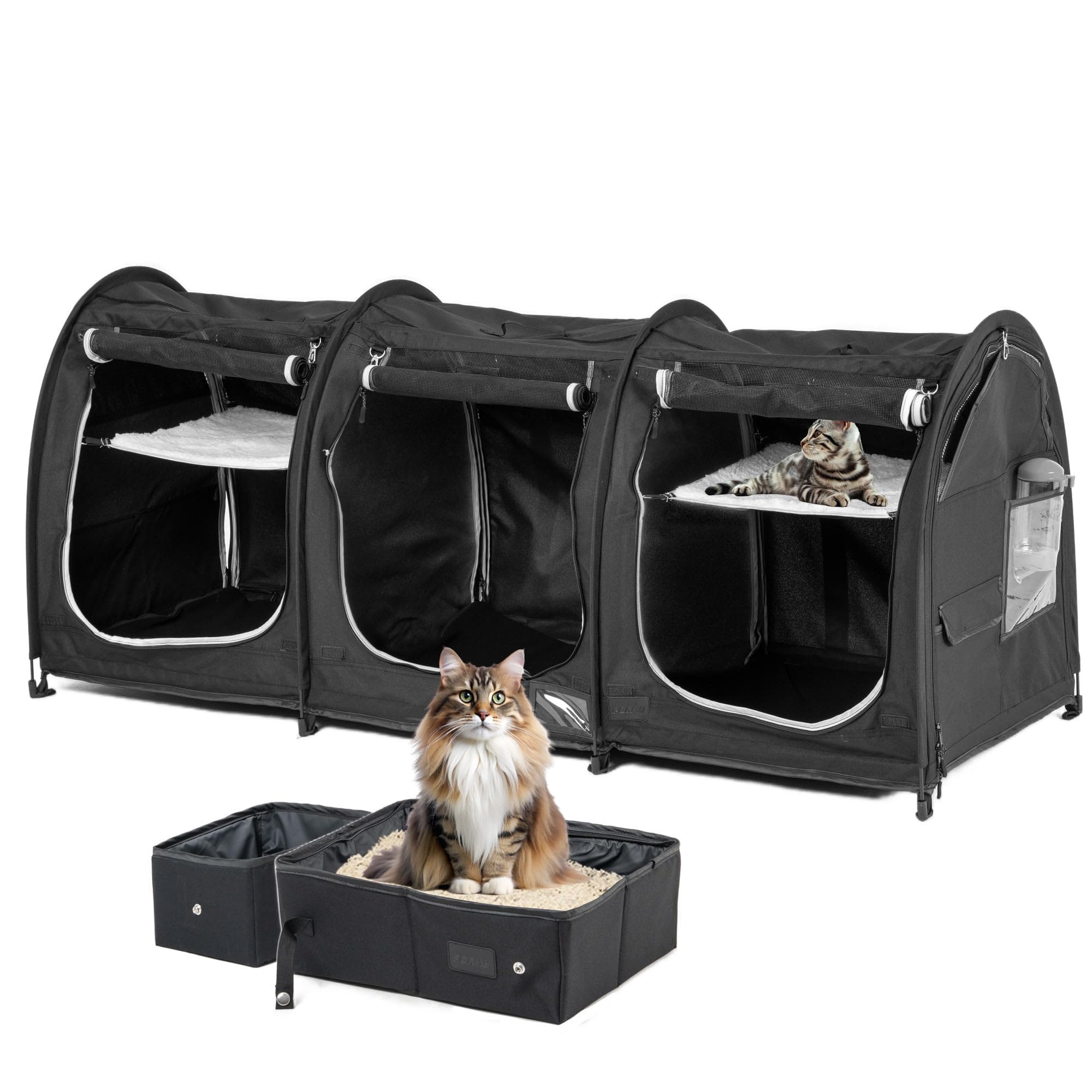 Portable Three Compartment Show House Cat Cage Condo - Easy to Fold & Carry Kennel - Comfy Puppy Home & Dog Travel Crate with Portable Carry Bag,2 Hammocks,3 Mats and Collapsible Litter Boxs Black