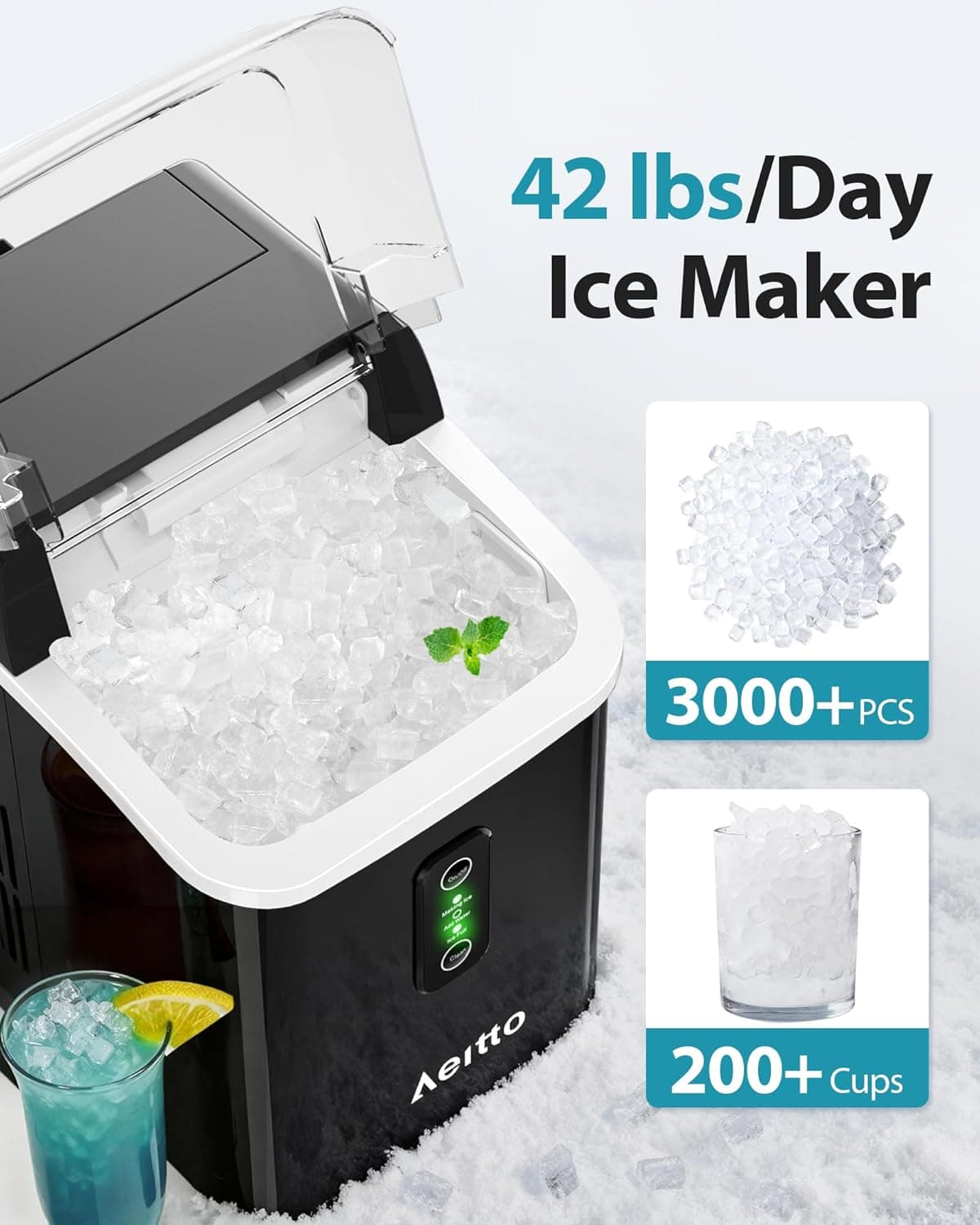 Aeitto Nugget Ice Maker Countertop, 42lbs/24H Ice Machine with 1.5L Water Tank, Rapid Ice Release in 6 Mins, Self-Cleaning Pebble Ice Maker with Basket and Scoop for Home Office RV and Party, Black - Image 2