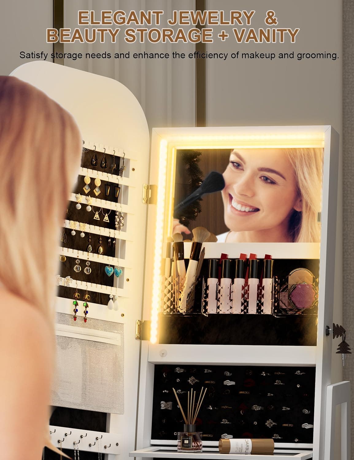 360° Swivel Jewelry Cabinet with Lights - RGB Vanity Mirror | Rotatable Full Length Mirror with Jewelry Storage, Standing Jewelry Armoire Organizer, Foldable Makeup Shelf, White (White 052) - Image 6