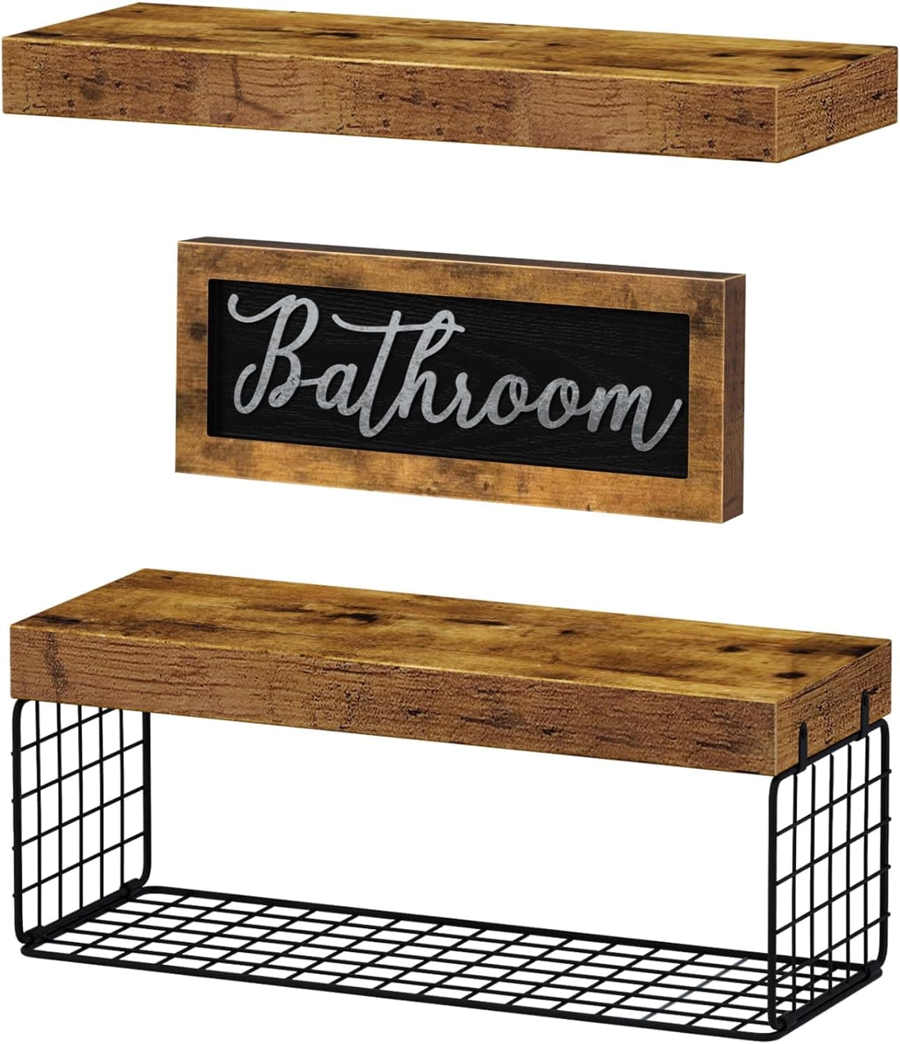 QEEIG ‎Bathroom Shelves Over Toilet - Paper Storage Wall Mounted Farmhouse Decor Decorations Aesthetic Décor Sign Small Floating Shelf 2+1 Set 16 inch, Rustic Brown (020BN) A. Brown - Image 7