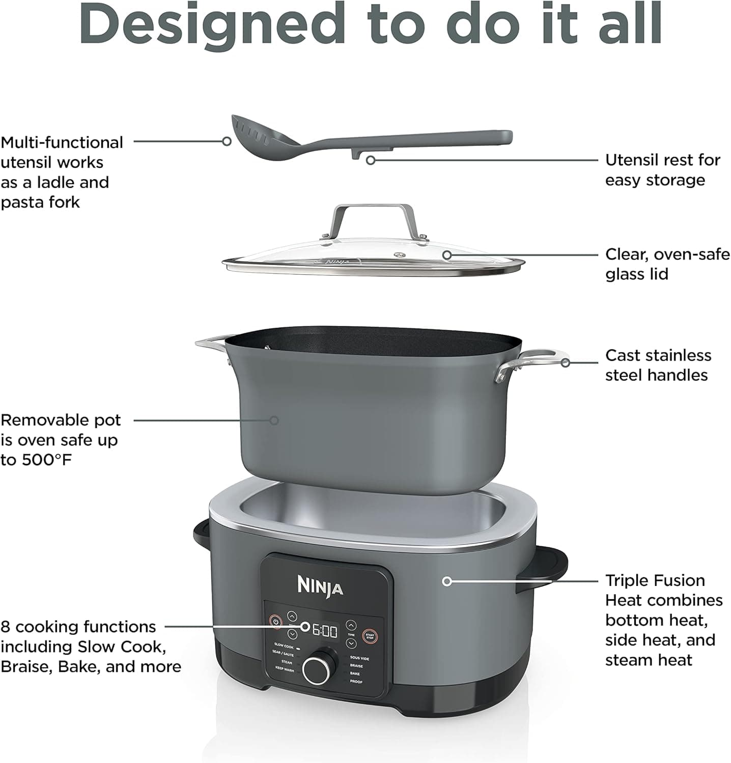 Ninja MC1001 Foodi PossibleCooker PRO 8.5 Quart Multi-Cooker, with 8-in-1 Slow Cooker, Dutch Oven, Steamer, Glass Lid Integrated Spoon, Nonstick, Oven Safe Pot to 500°F, Sea Salt Gray Sea Salt Gray 8.5 Quarts - Image 7