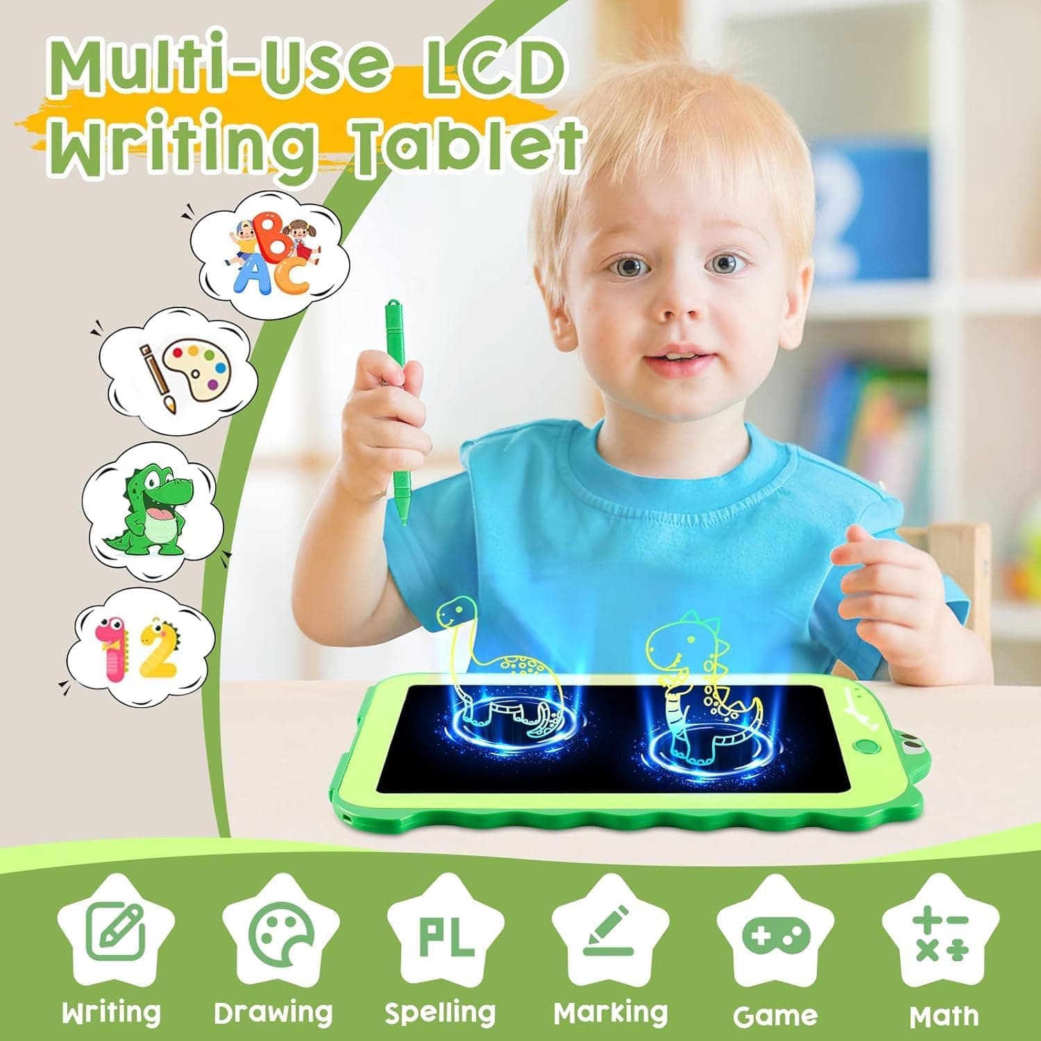 LCD Writing Tablet for Kids, Colorful Toddlers Toys Drawing Board, Educational Kid Toys, Doodle Pad Dinosaur Toys for 3 4 5 6 7 8 Year Old Boys Girls Birthday Party Christmas Gifts,8.5inch Green Green - Image 3