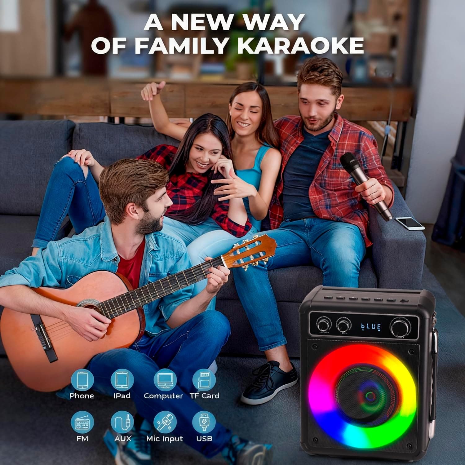 Karaoke Machine, Portable Bluetooth Karaoke Speaker with 2 Wireless Microphones, PA System for Adults Kids with LED Lights & Echo Adjustment, Supports TWS/TF/USB/AUX for Home Party T03-2 MICS - Image 9