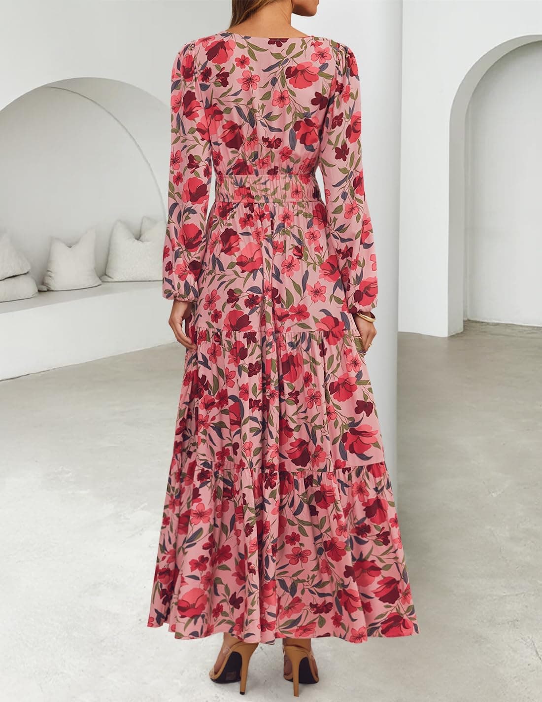ZESICA Women's 2025 Fall Long Sleeve Maxi Dress Floral Print V Neck Empire Waist A Line Tiered Flowy Boho Party Dresses Vintagepink Medium - Image 5