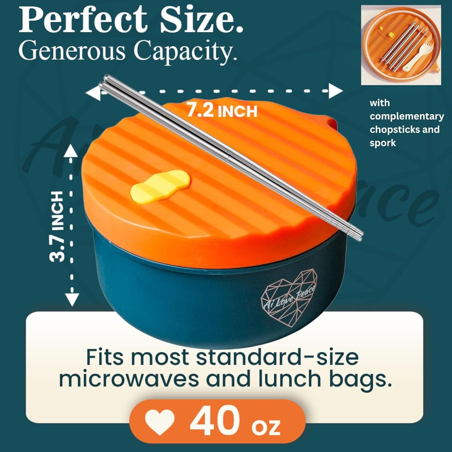 AI LOVE PEACE 拉面碗，40盎司微波炉可用的面条锅，适合拉面、越南河粉、汤和意大利面，洗碗机安全且便携，理想用于家庭、办公室、宿舍或作为礼物（橙色）橙色 40盎司（单碗） - Image 5