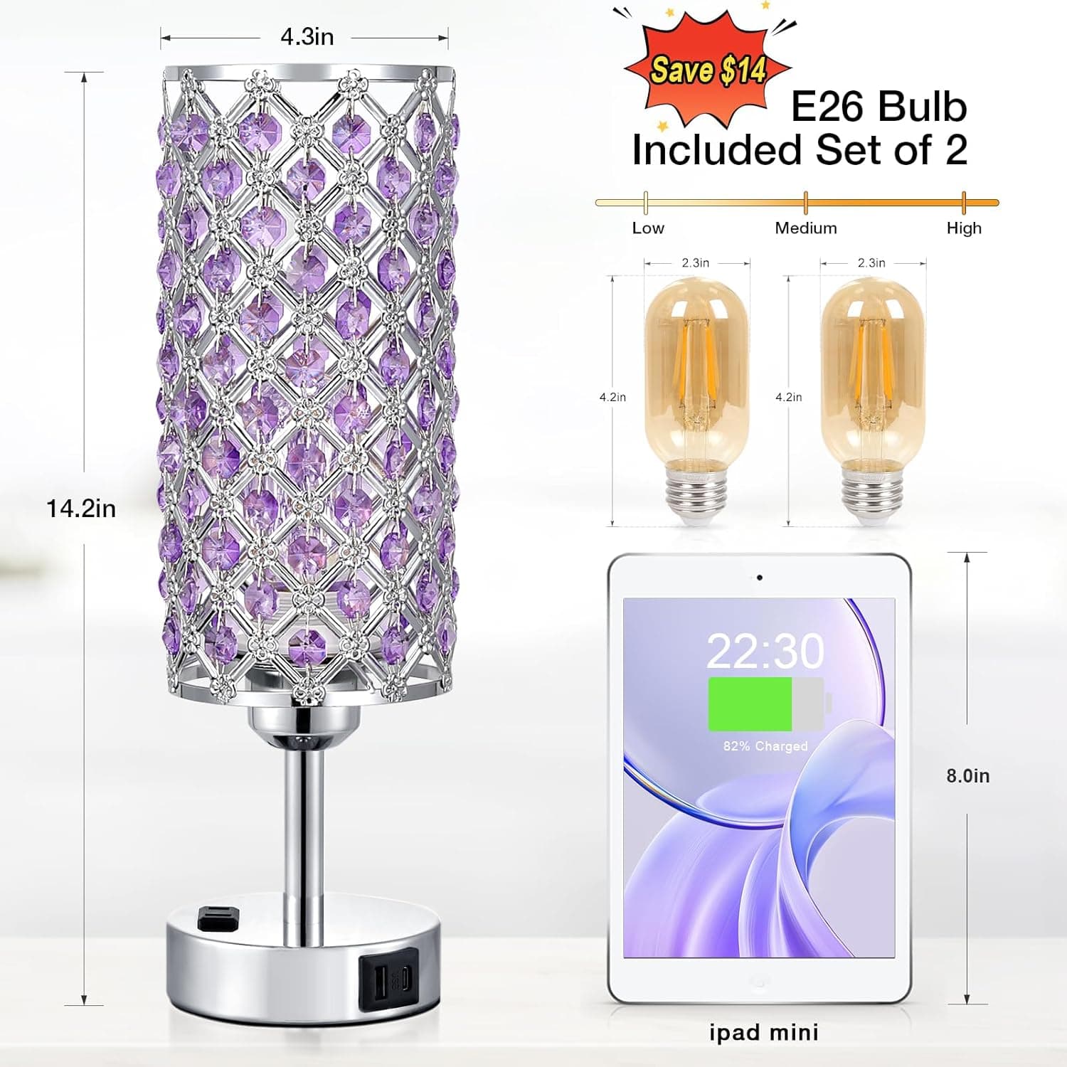 Hong-in Crystal Lamps Set of 2, 3 Way Dimmable Touch Lamp with Crystal Shade, Bedside Nightstand Lamps for Living Room Bedroom Home Office(Purple) - Image 4