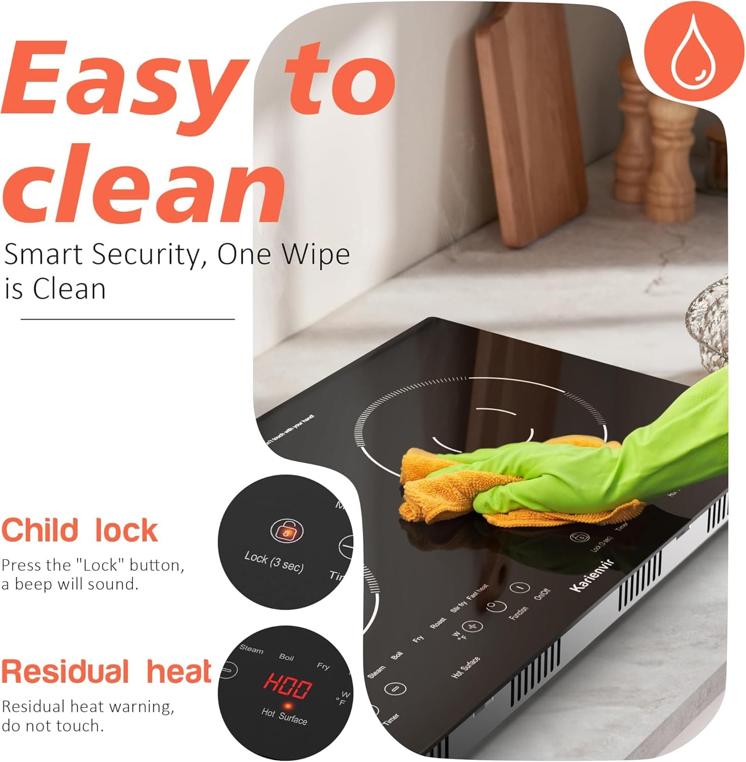 2 Burner Electric Cooktop 110v, 2000W Electric Stove Top Countertop & Built-in, Plug-in Electrics Cooktop 24 Inch, 8 Power Levels & 8 Functions, Touch Control, Safety Lock, Timer, Karienvir 24 inch black 2 burner - Image 5