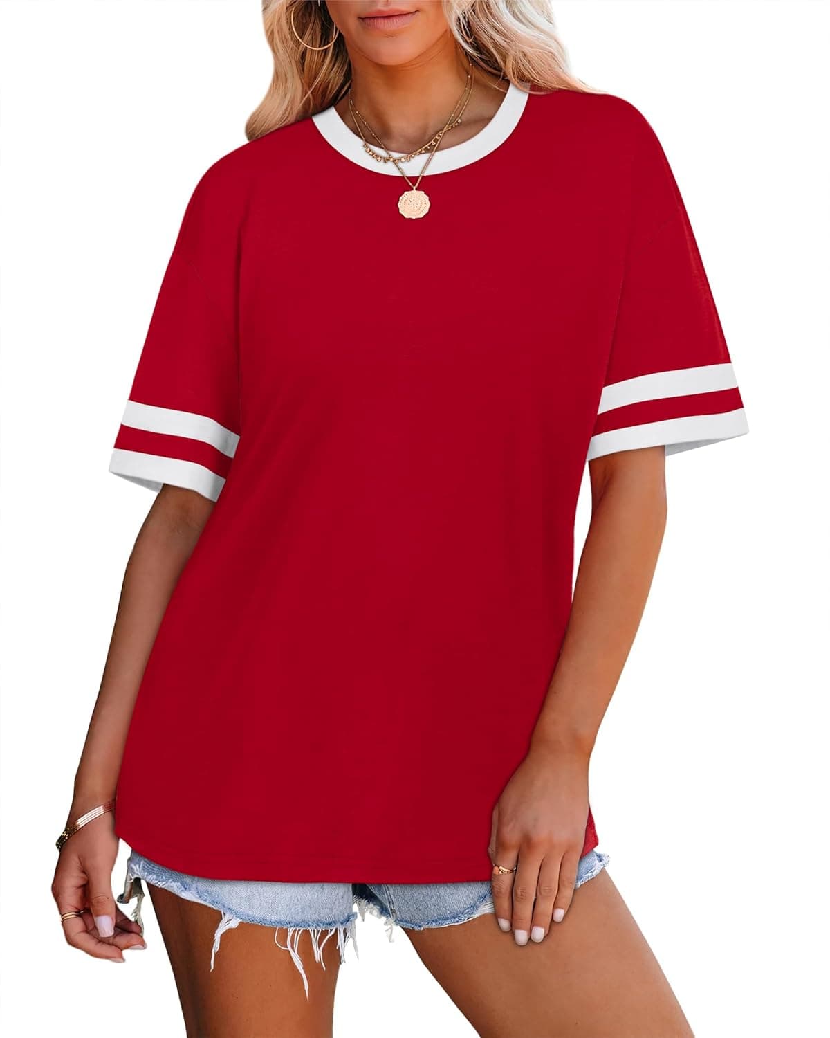 WIHOLL Womens T Shirts Loose Fit Short Sleeve Tees Crew Neck Color Block Summer Tops 2025 Fashion 03 - Red-2 XX-Large - Image 4
