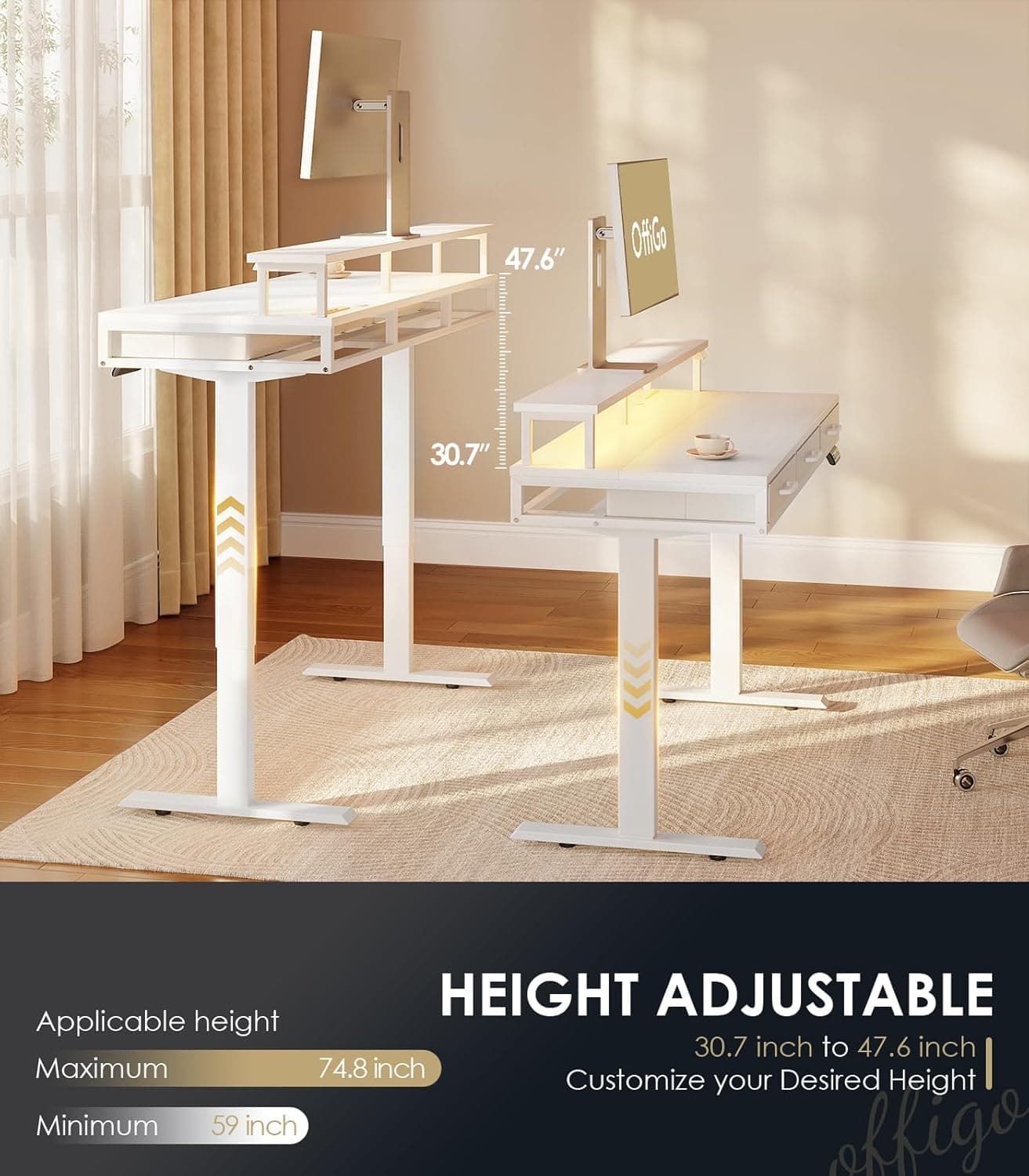 OffiGo Electric Standing Desk with Drawers, 55 Inch Height Adjustable Desk with Power Outlets & LED Lights, Sit Stand Table with Monitor Stand for Home, Office, Workstation, White White 55 Inch - Image 5