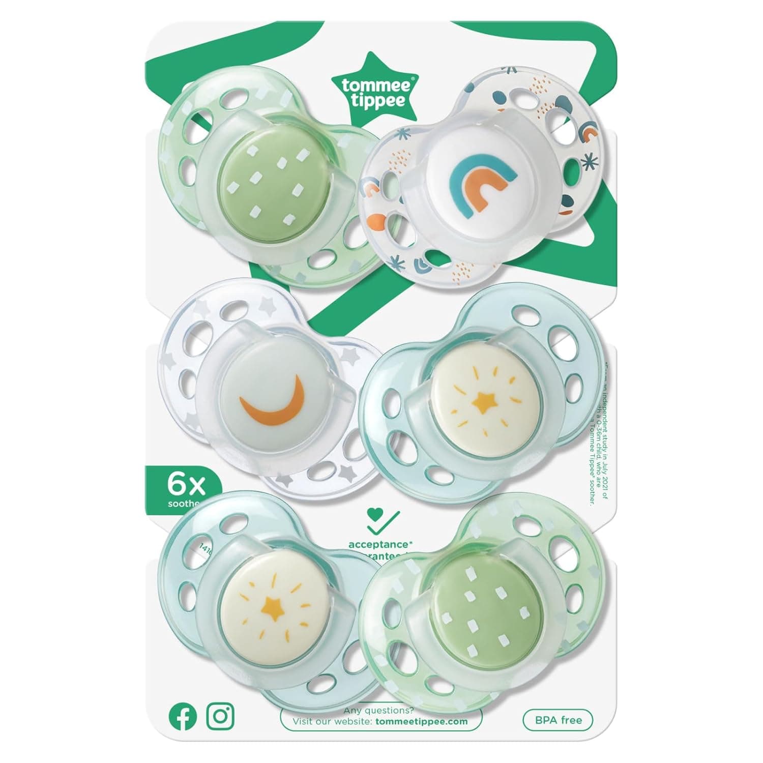 Tommee Tippee Night Time Pacifier, 18-36 Months, Symmetrical Silicone Baglet, BPA-Free Binkies, Glow in The Dark Technology, Green Rainbow, Pack of 6 Green Rainbow 18-36 Month (Pack of 6) - Image 8